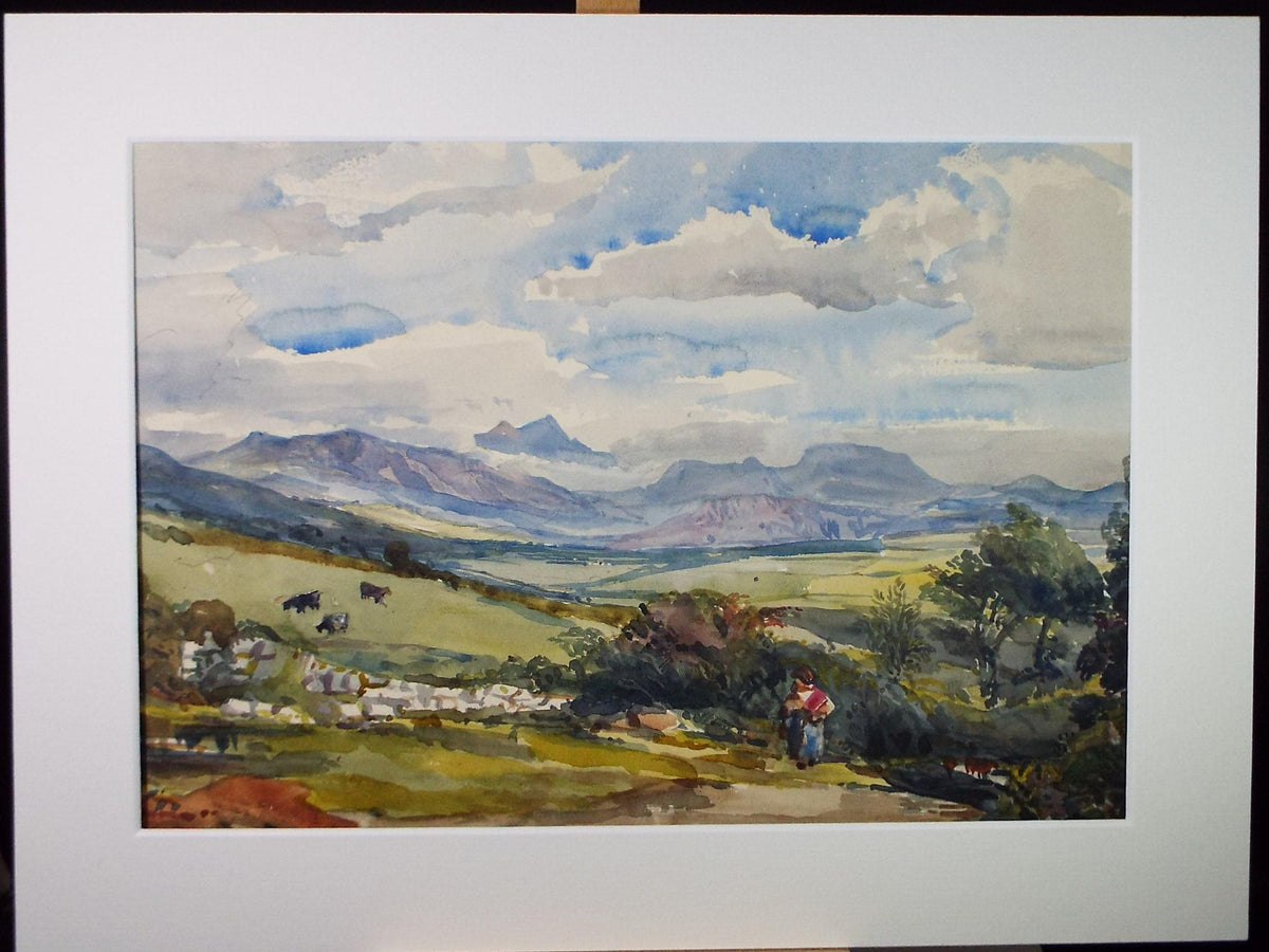 Original Watercolour , 'Landscape with figure and distant hills', Unknown artist, circa 1920