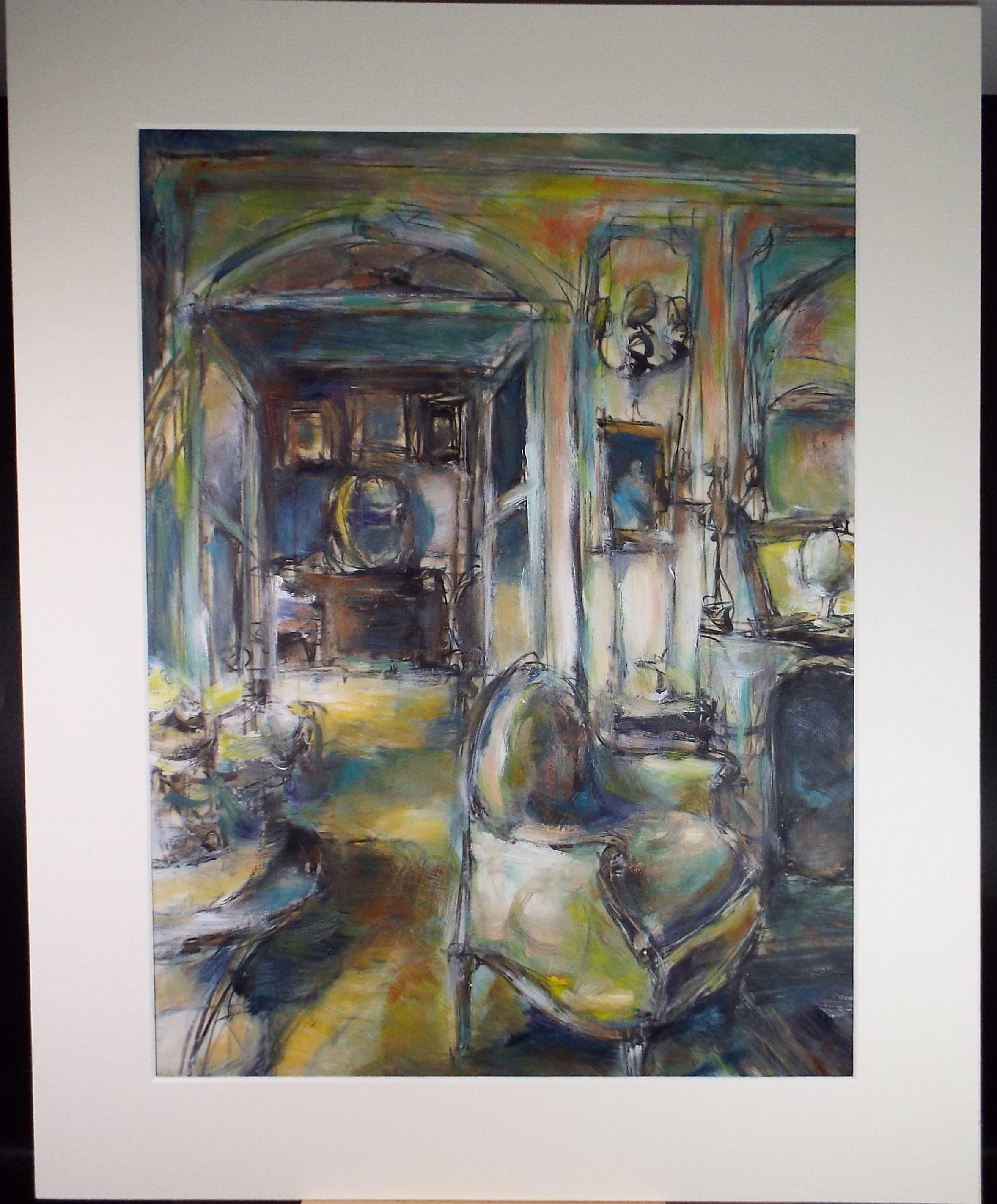 Original Gouache 'Salon Interior', Circa 1980's, Unknown Artist