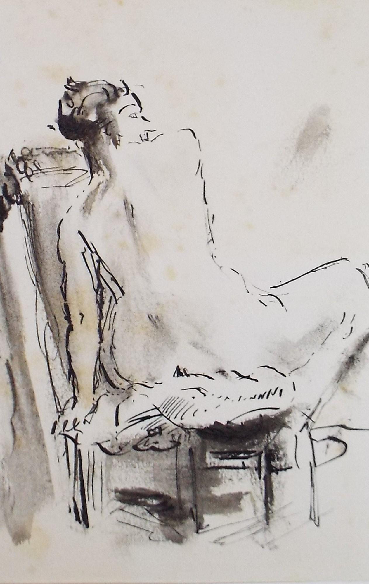 Original Ink & wash Drawing, 'Portrait of a Seated Nude', c1970s, Artist Unknown