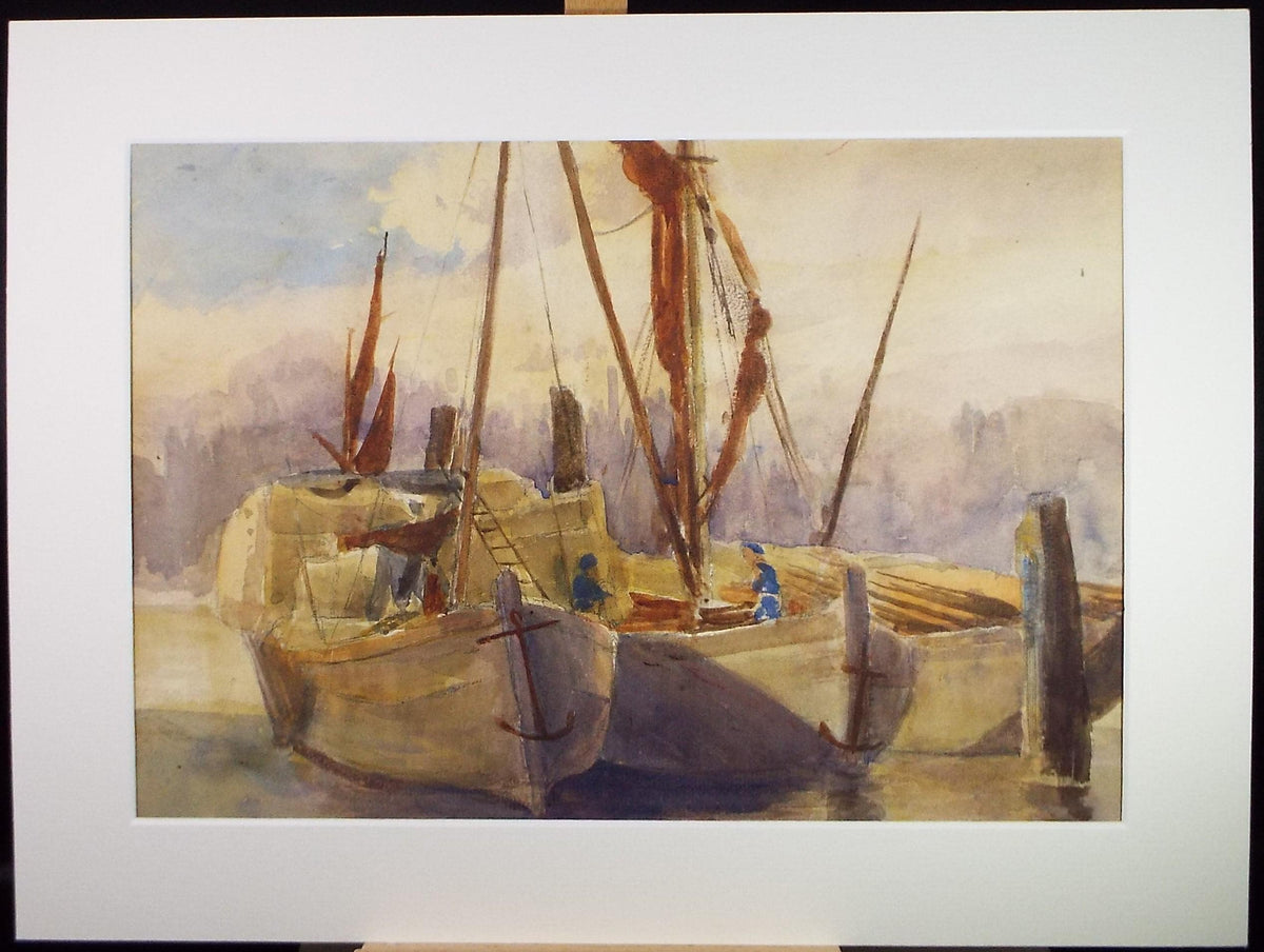 Original Watercolour, 'Fishing boats with figures, Mid 20th Century, Unknown Artist