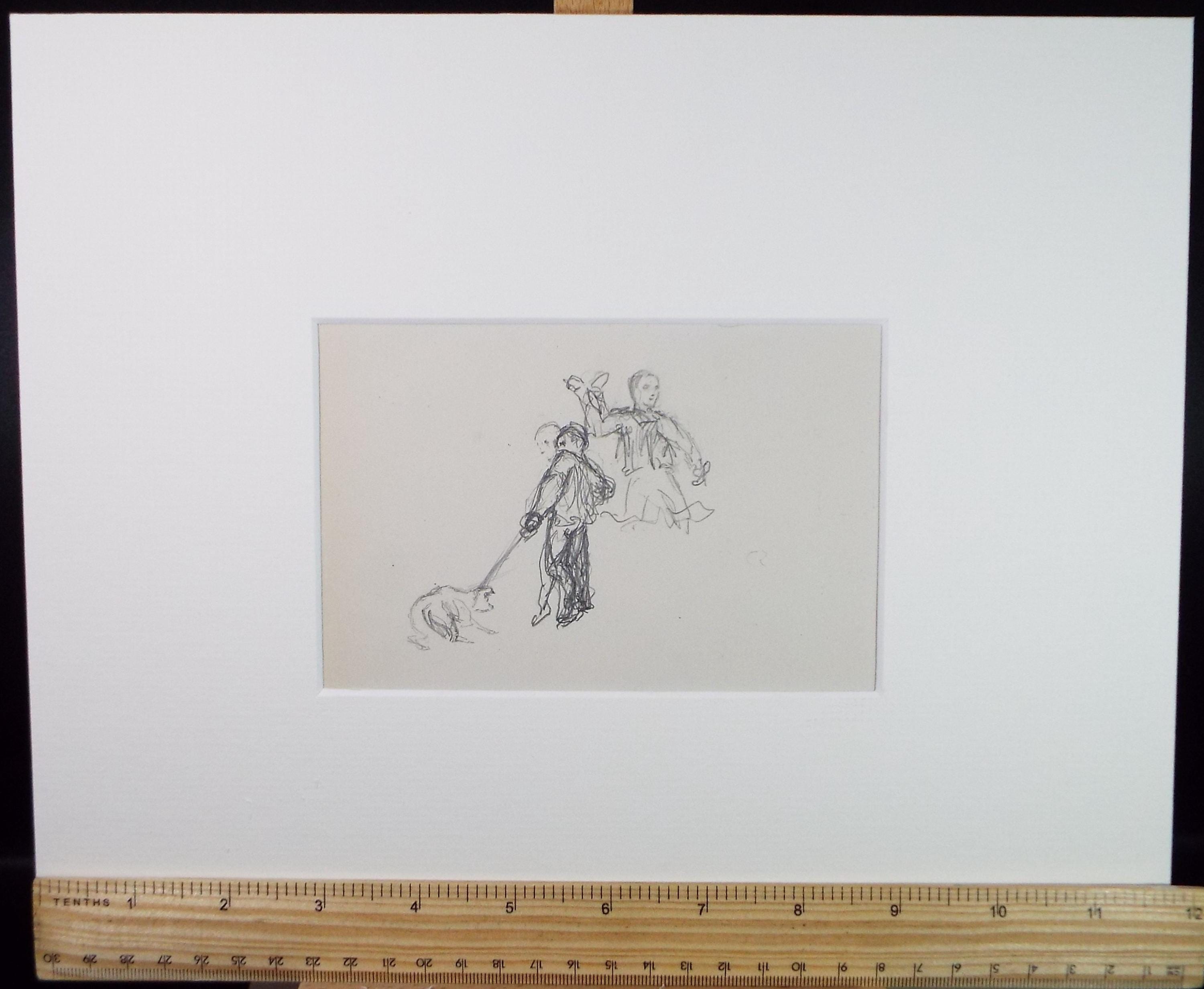 Original Pencil Sketch,'Boys with Dog', Unknown Artist, Early 20th Century