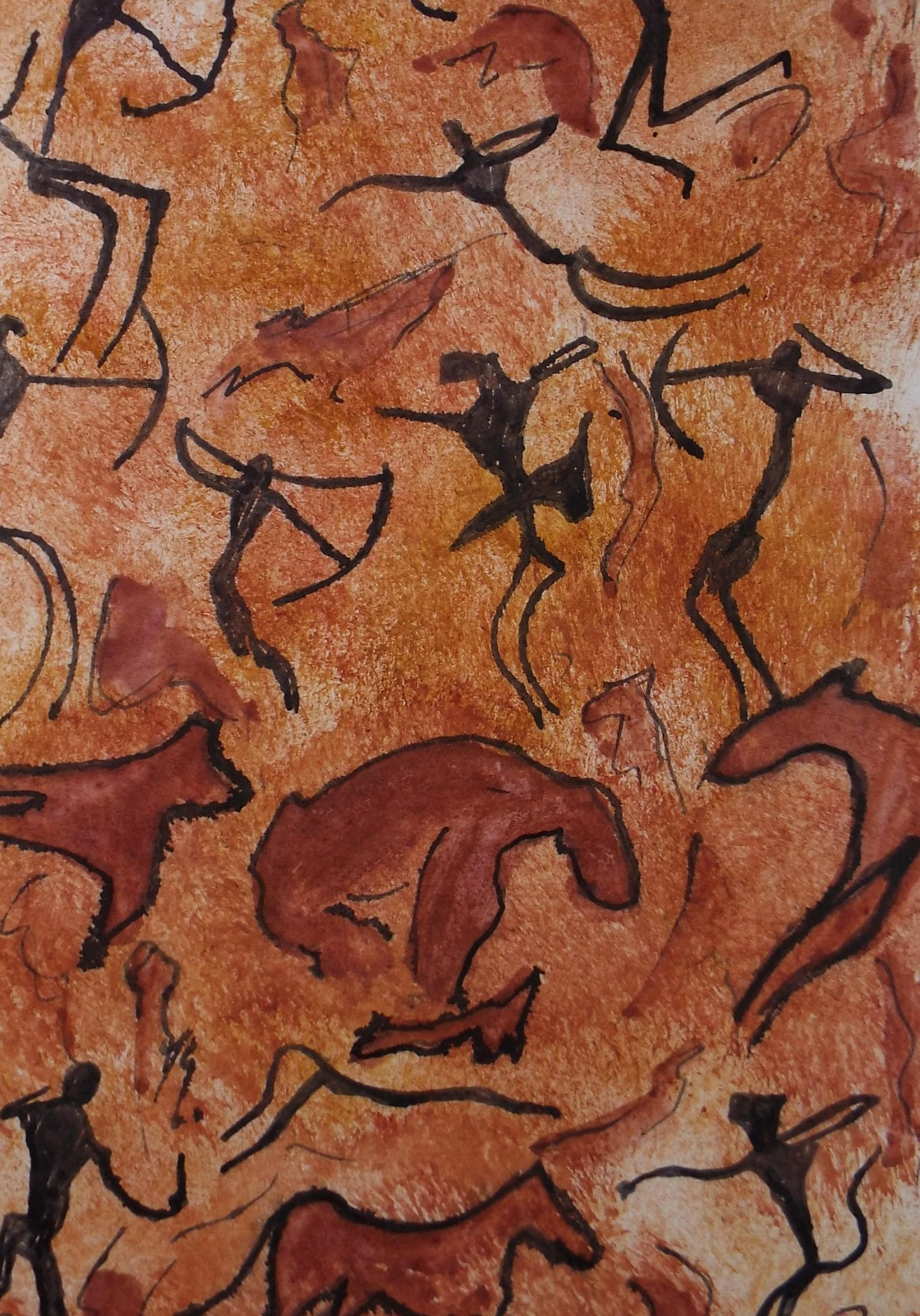 Original Watercolour, 'Cave style painting with animals and figures', Ken Stewart (1926-1991), circa 1960's