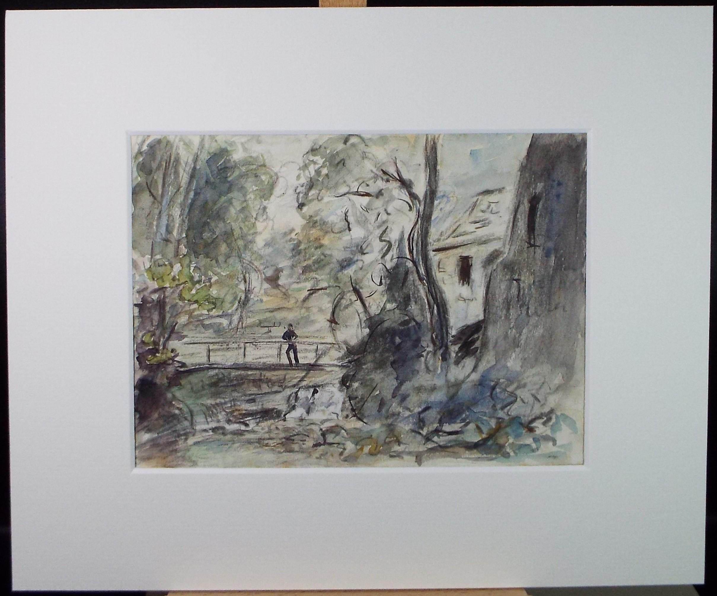 Original Watercolour , 'Figure on a Bridge', Circa 1970's , Geoffrey Burrows (1934-2023)