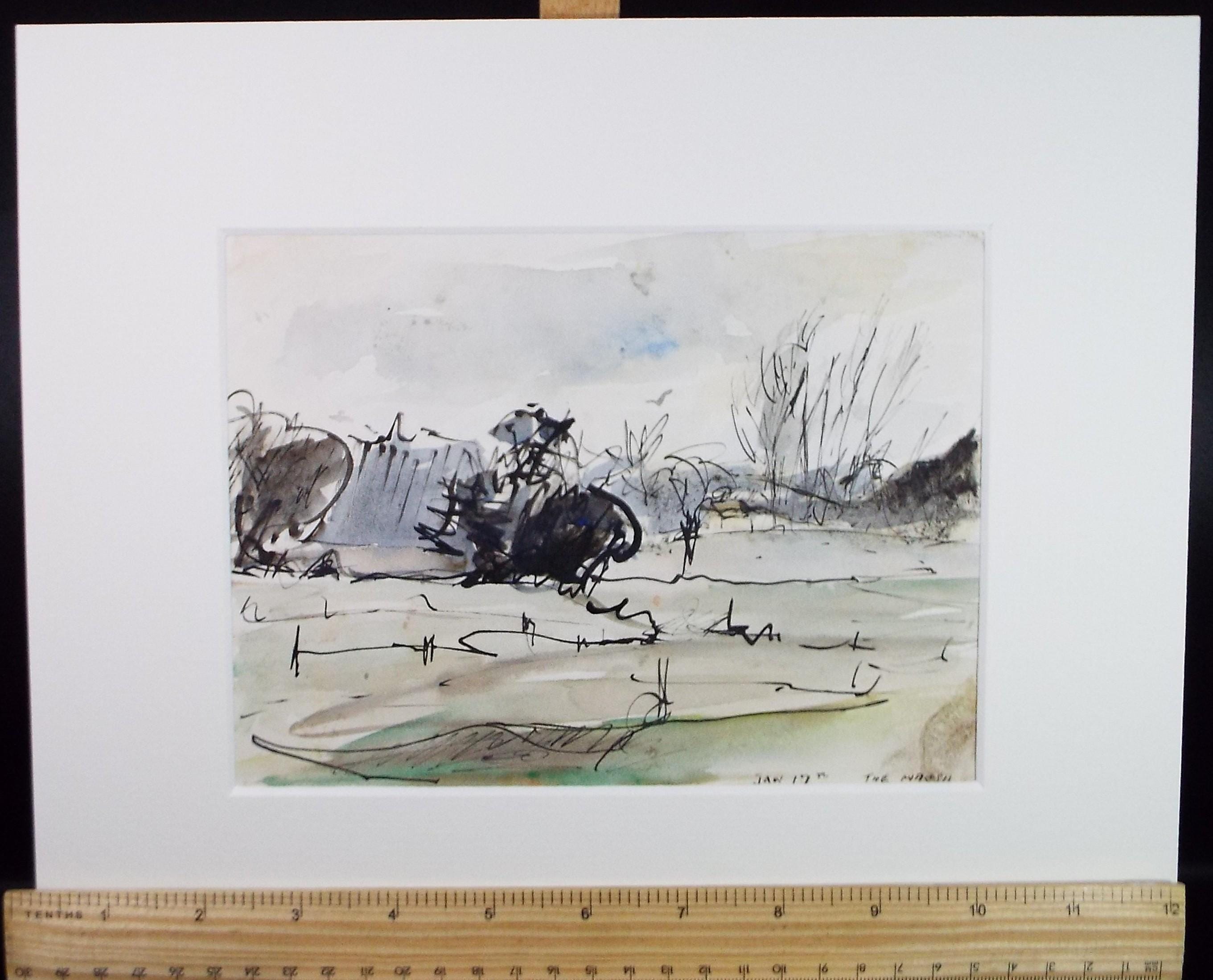 Original Watercolour & Ink , 'Marshland Study', Circa 1970's , Geoffrey Burrows (1934-2023)