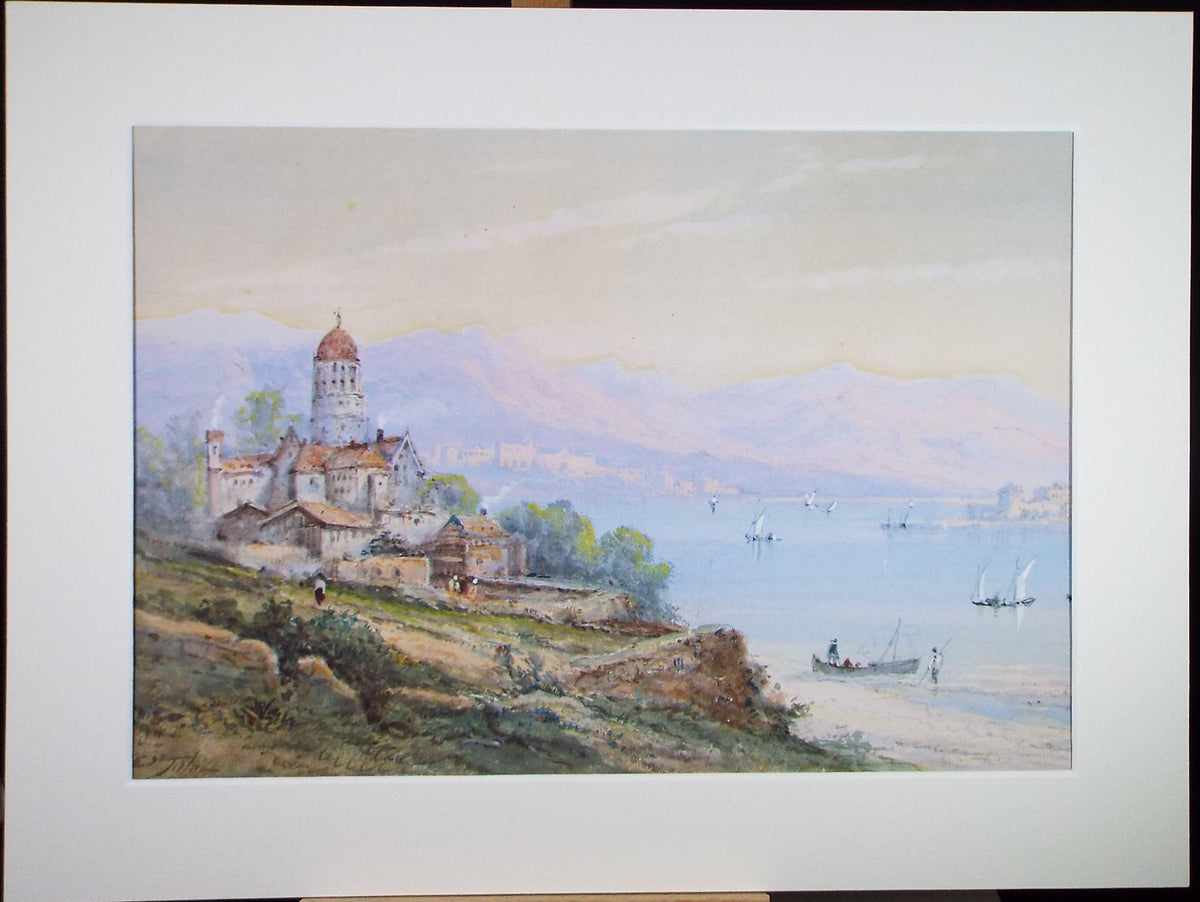 Original Watercolour, 'Coastal Town with fishing boats', Mid 20th Century, Unknown Artist