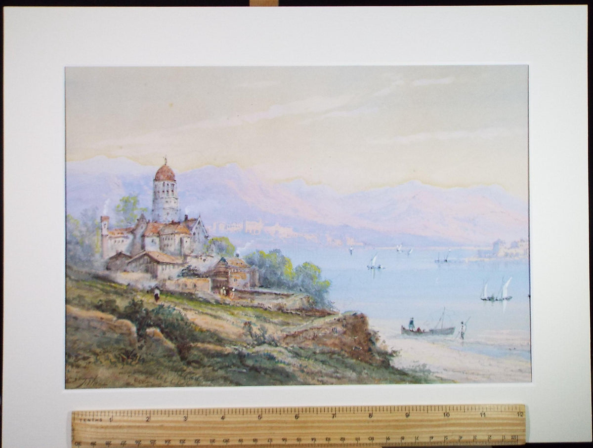 Original Watercolour, 'Coastal Town with fishing boats', Mid 20th Century, Unknown Artist