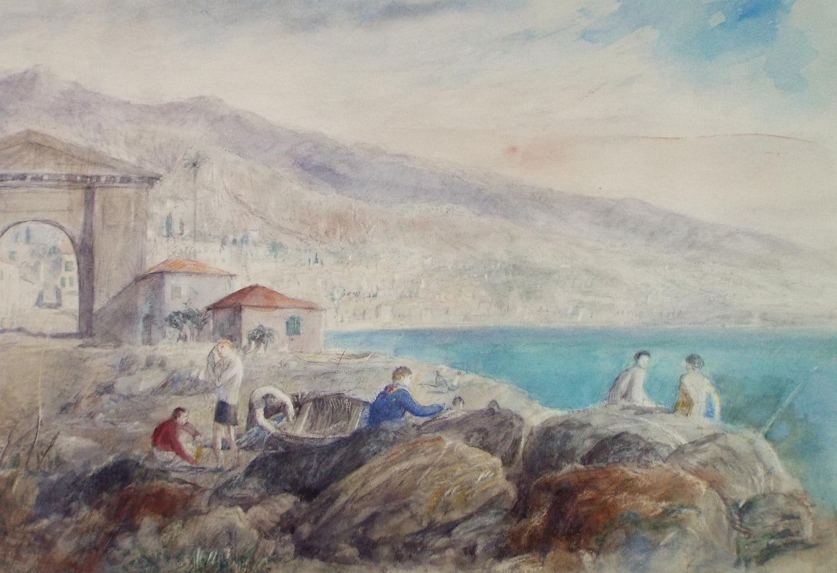 Original Watercolour, 'Coast with figures', Early 20th Century, Unknown Artist