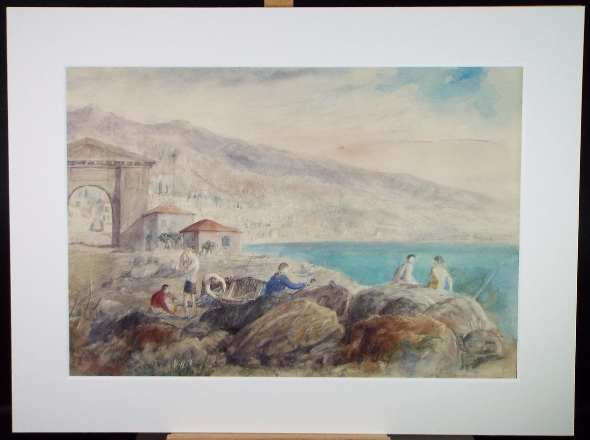Original Watercolour, 'Coast with figures', Early 20th Century, Unknown Artist