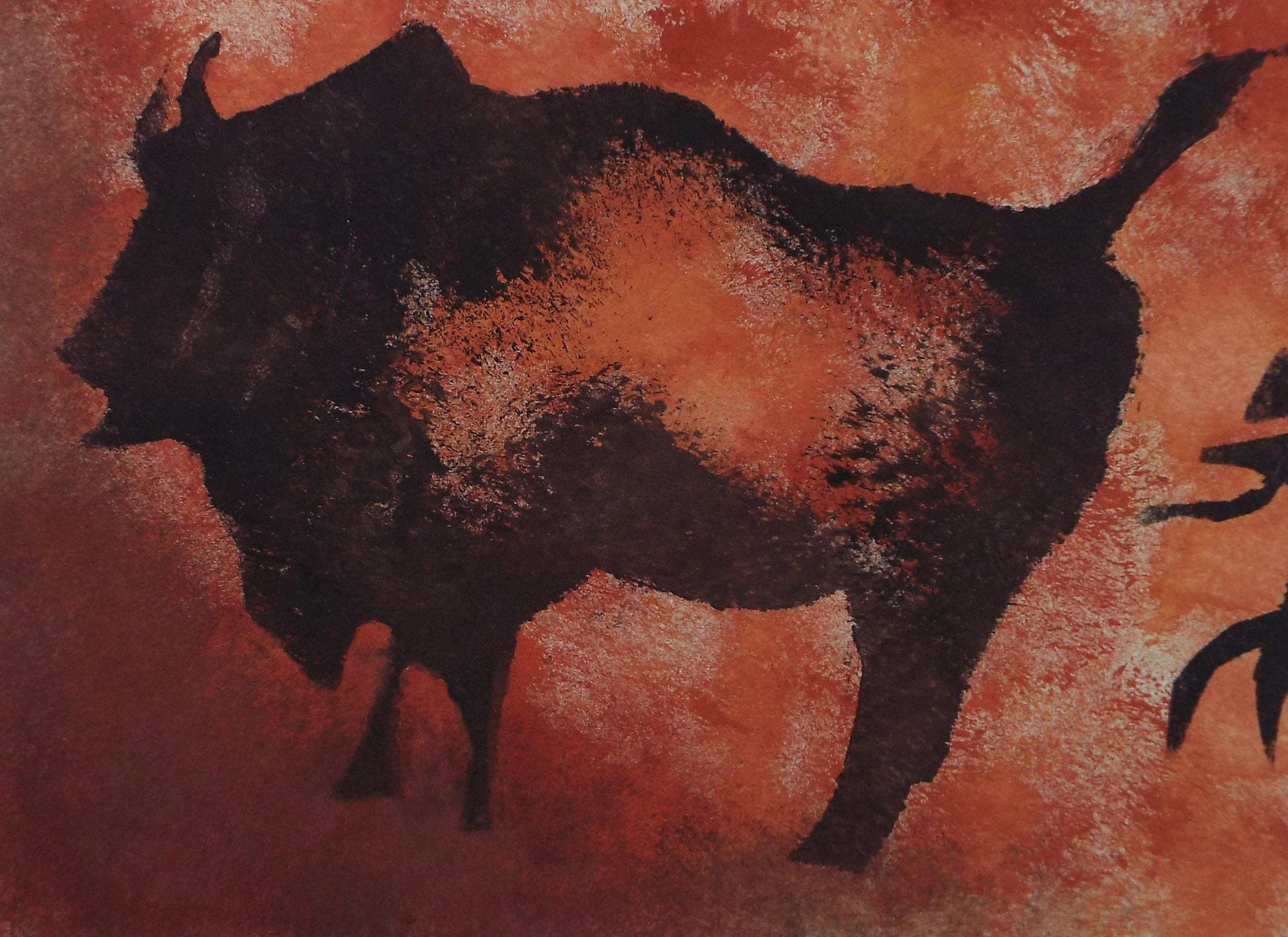 Original Watercolour, 'Cave style painting of a Bison & figure', Ken Stewart (1926-1991), circa 1960's
