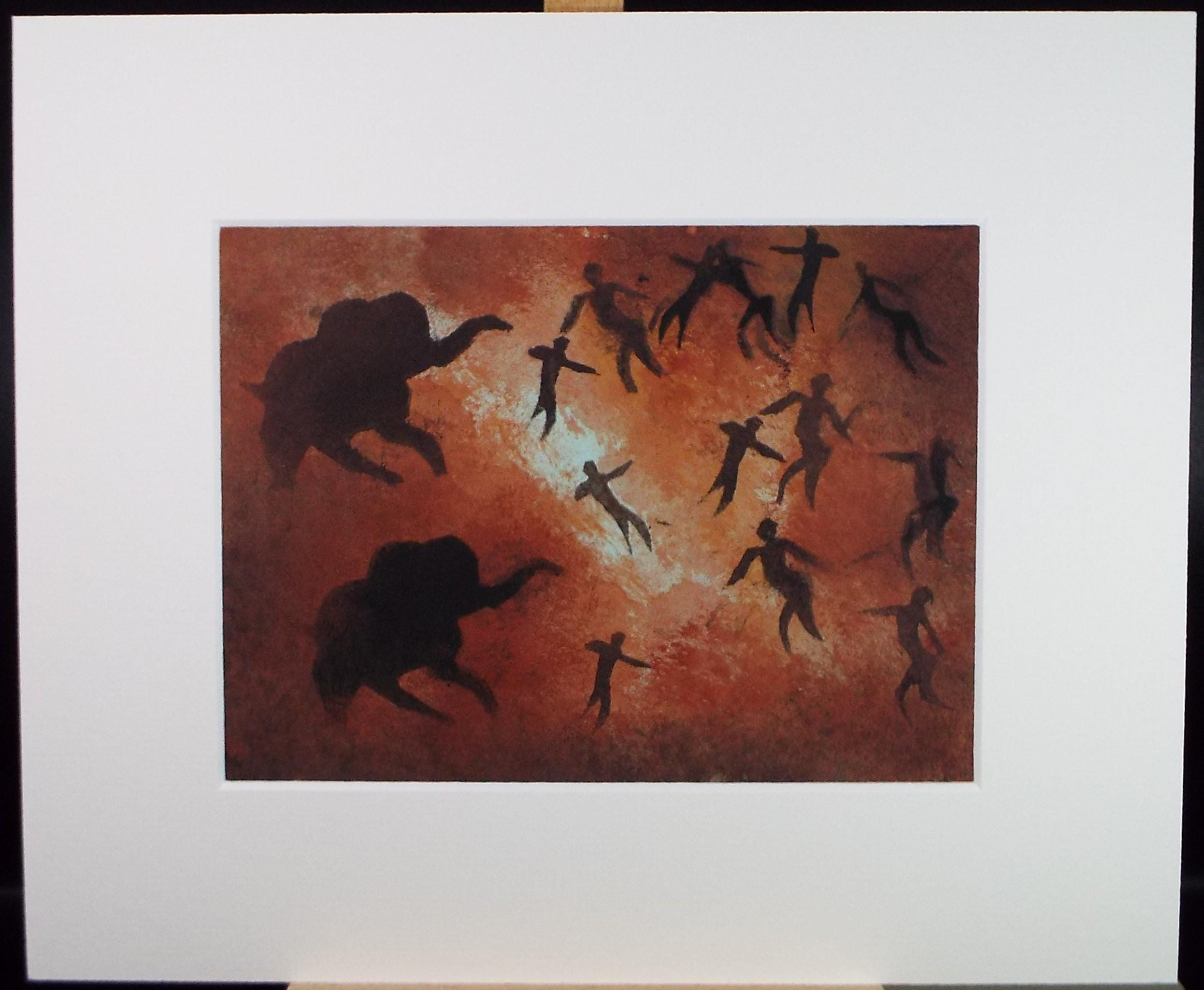 Original Watercolour, 'Cave style painting with Mammoth and figures', Ken Stewart (1926-1991), circa 1960's