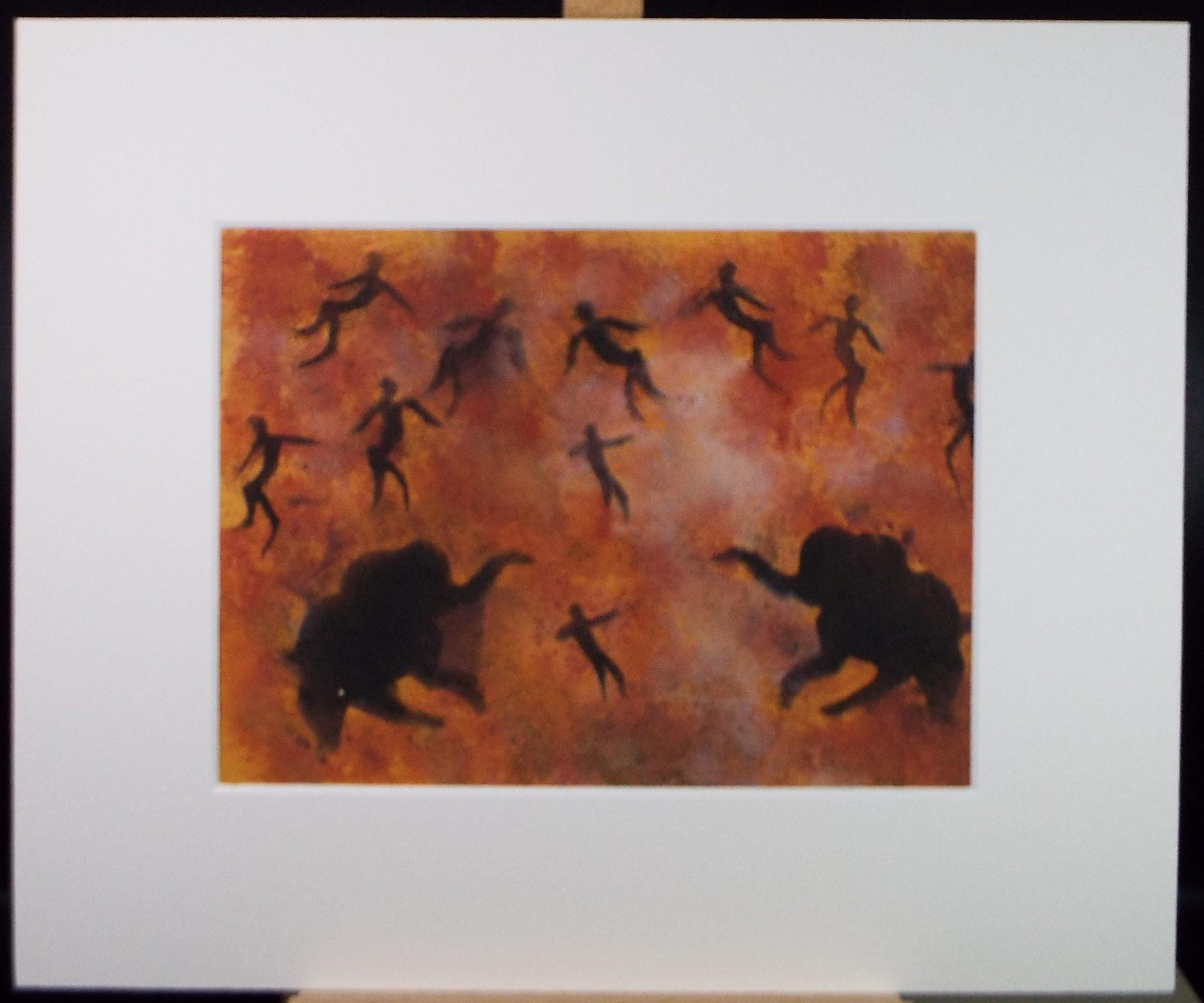 Original Watercolour, 'Cave style painting with Mammoth and figures', Ken Stewart (1926-1991), circa 1960's