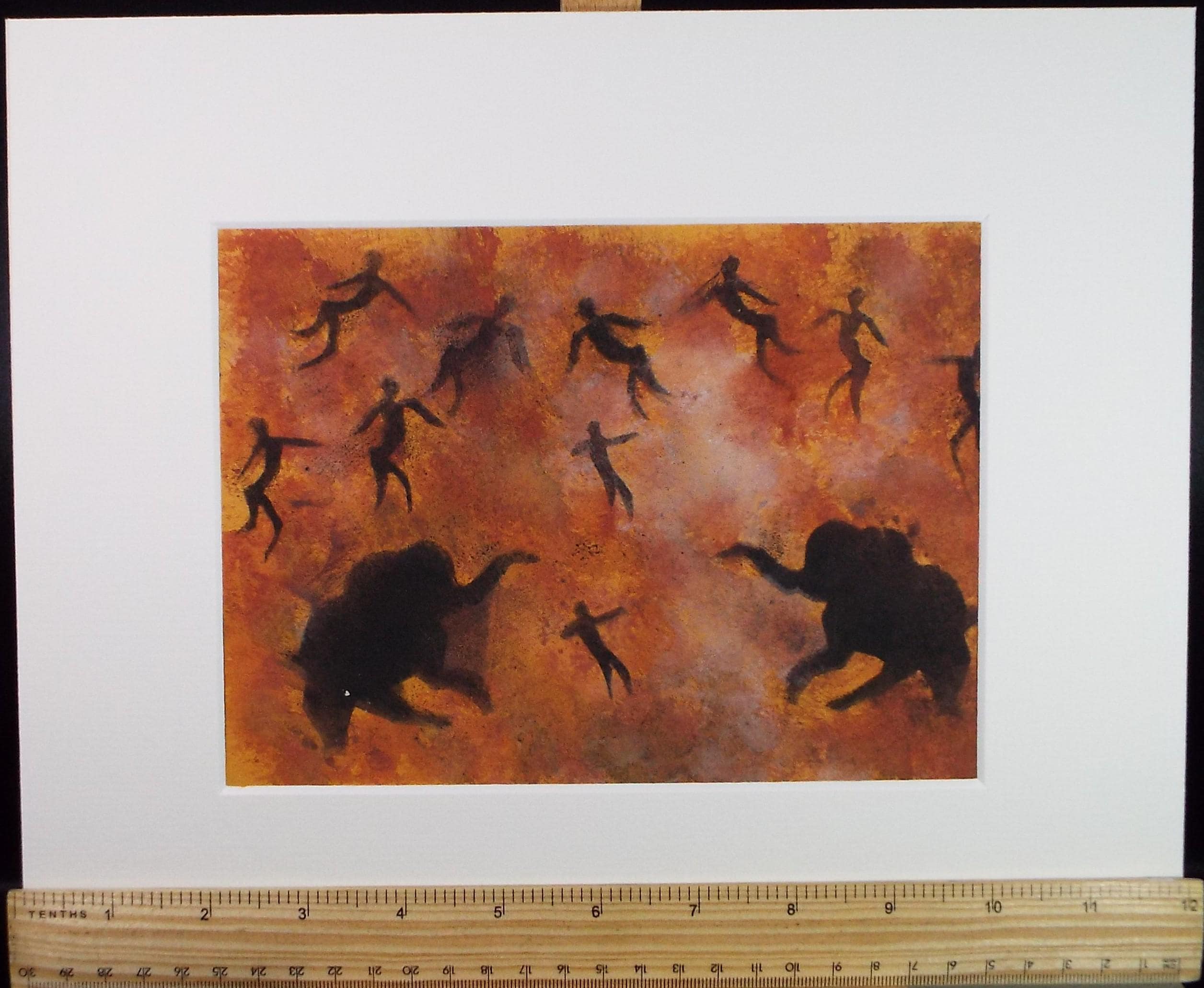 Original Watercolour, 'Cave style painting with Mammoth and figures', Ken Stewart (1926-1991), circa 1960's