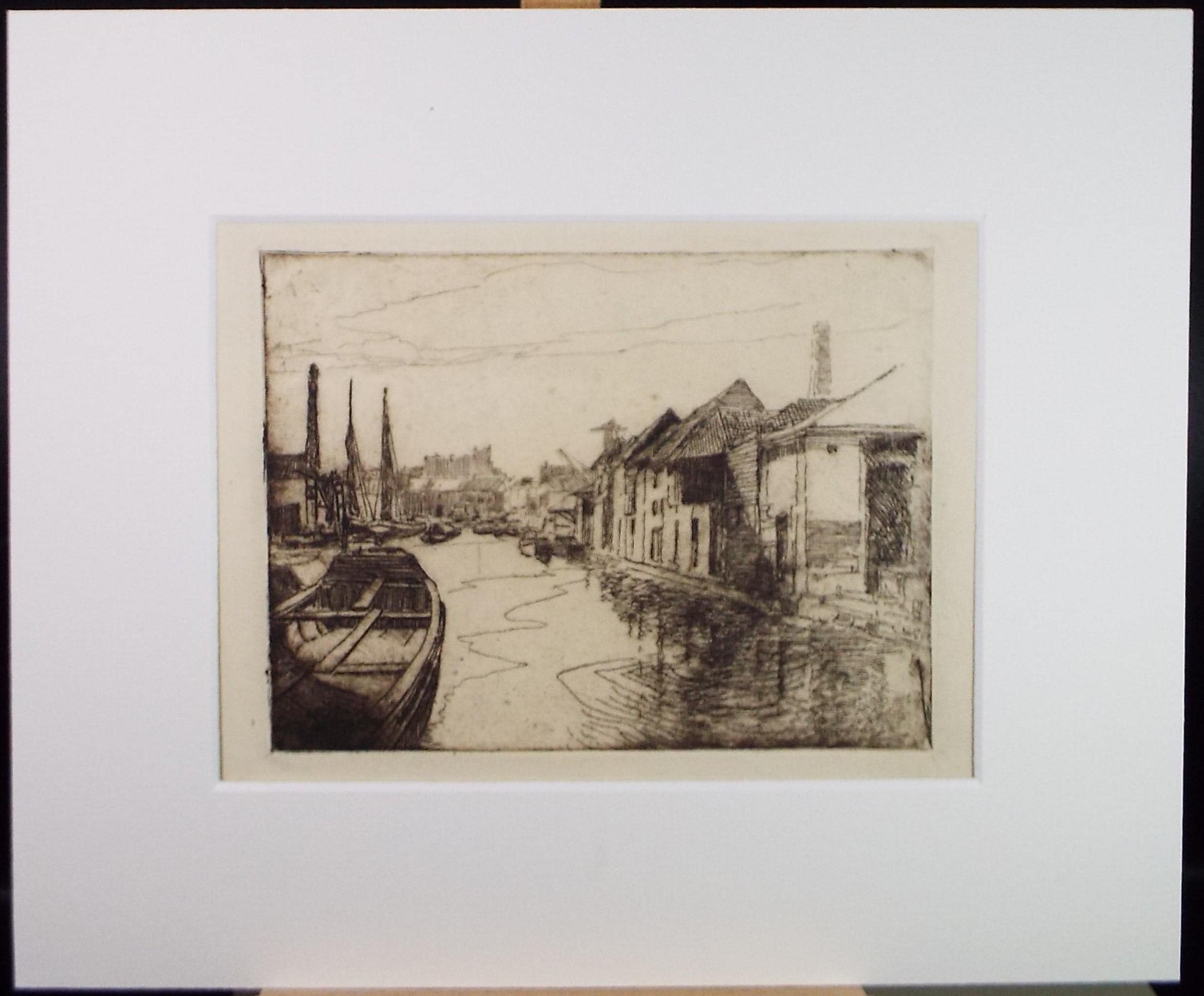 Hand Pressed Etching, 'Docks with Warehouses and Shipping', Lawrence Walker (1877-1967), Circa 1920's