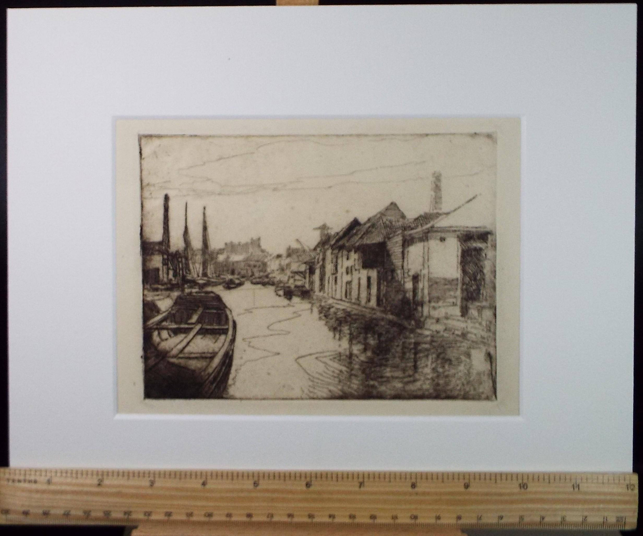 Hand Pressed Etching, 'Docks with Warehouses and Shipping', Lawrence Walker (1877-1967), Circa 1920's