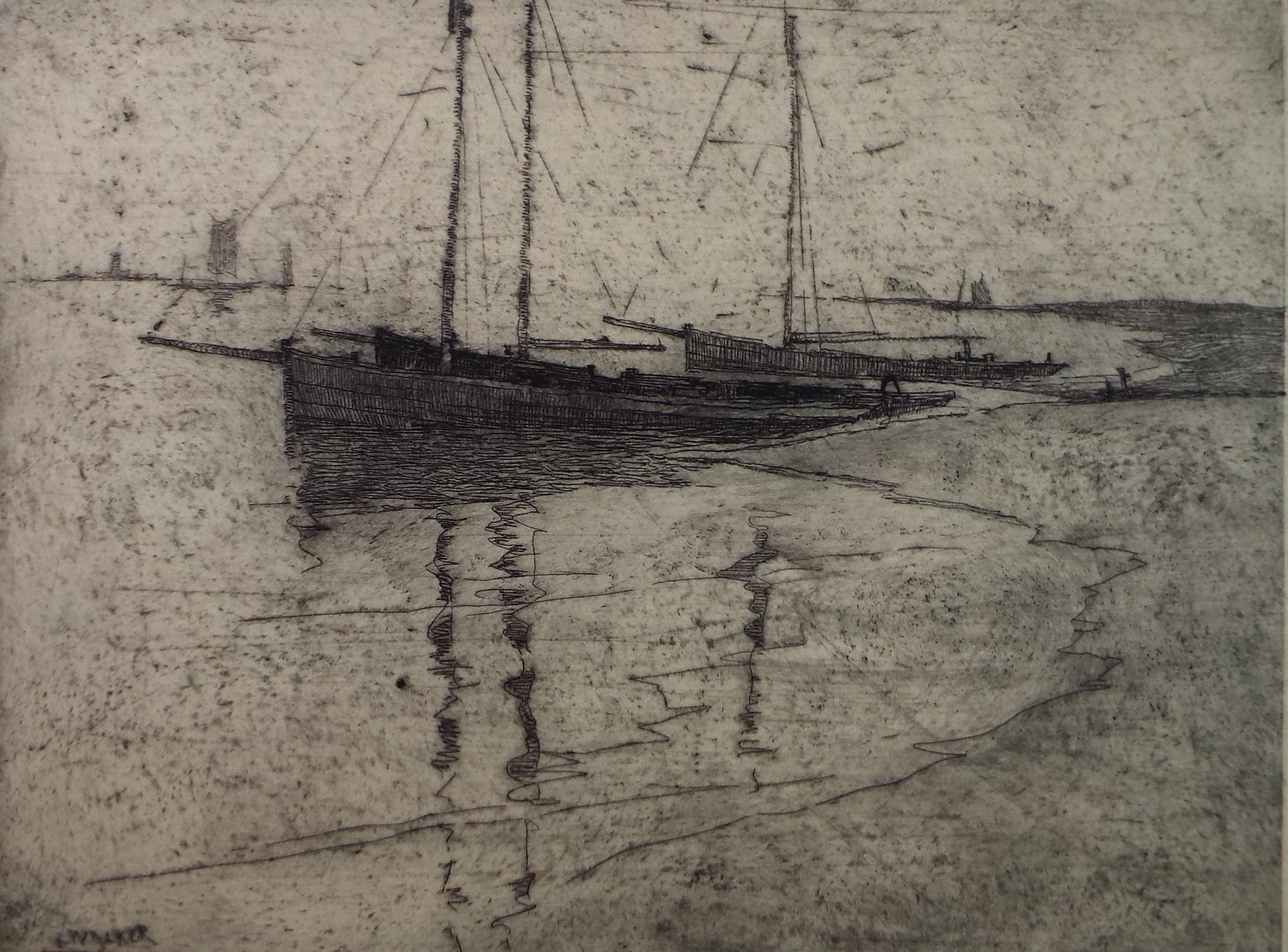 Hand Pressed Etching, 'Boats on the shore', Lawrence Walker (1877-1967), Circa 1920's