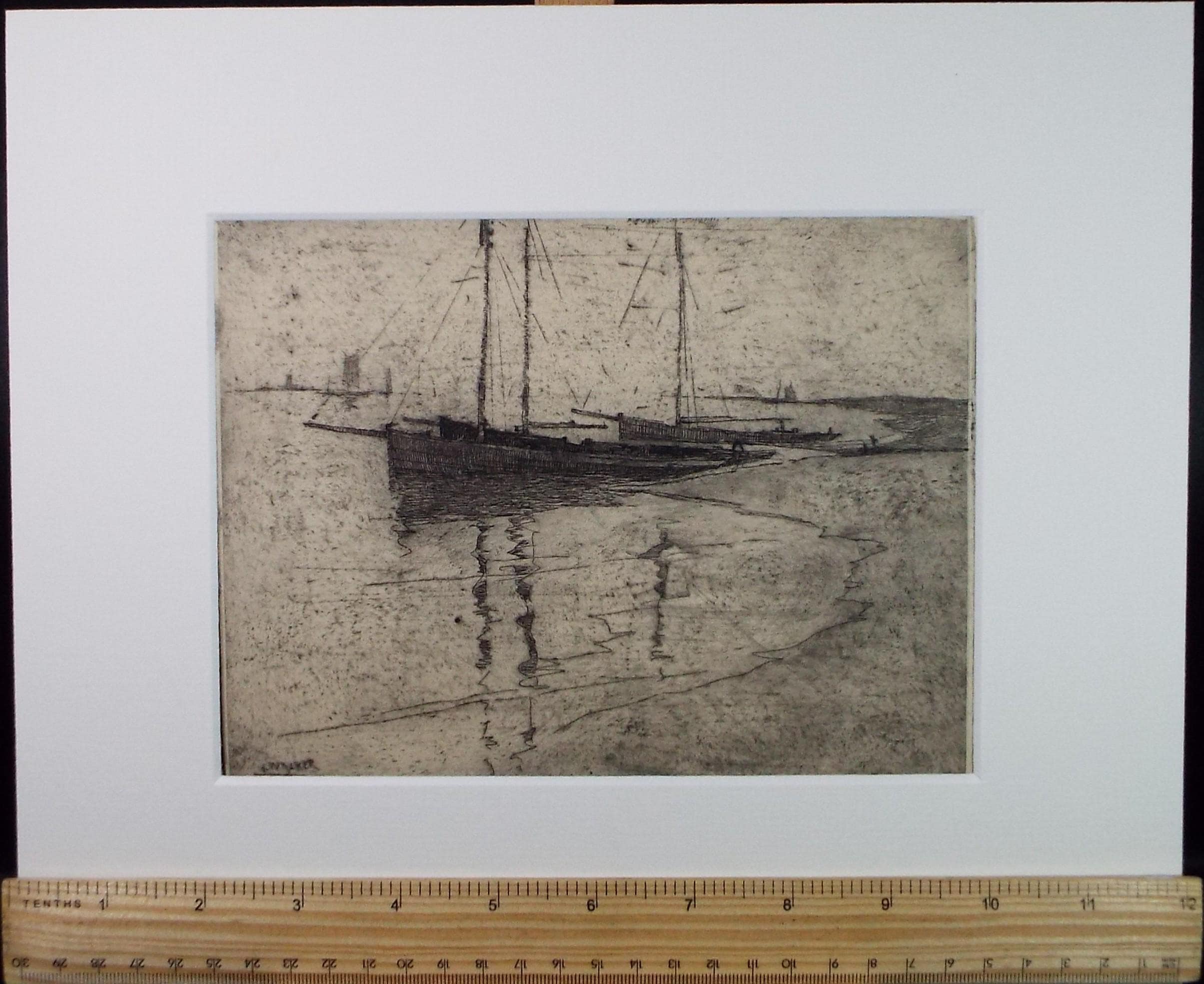 Hand Pressed Etching, 'Boats on the shore', Lawrence Walker (1877-1967), Circa 1920's