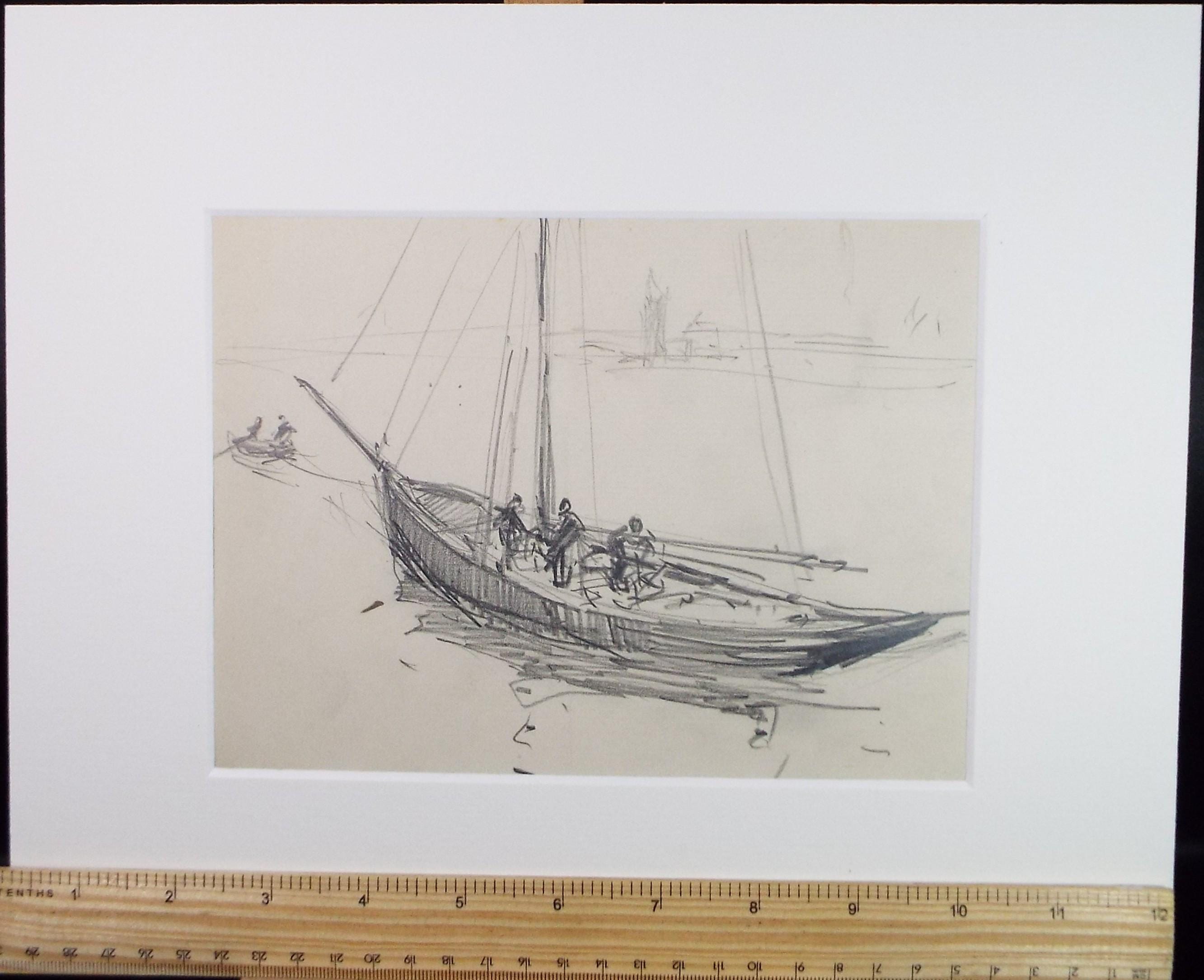 Original Pencil Drawing, 'Figures aboard a Sailing Vessel', circa 1920's ,Lawrence Walker (1877-1967)