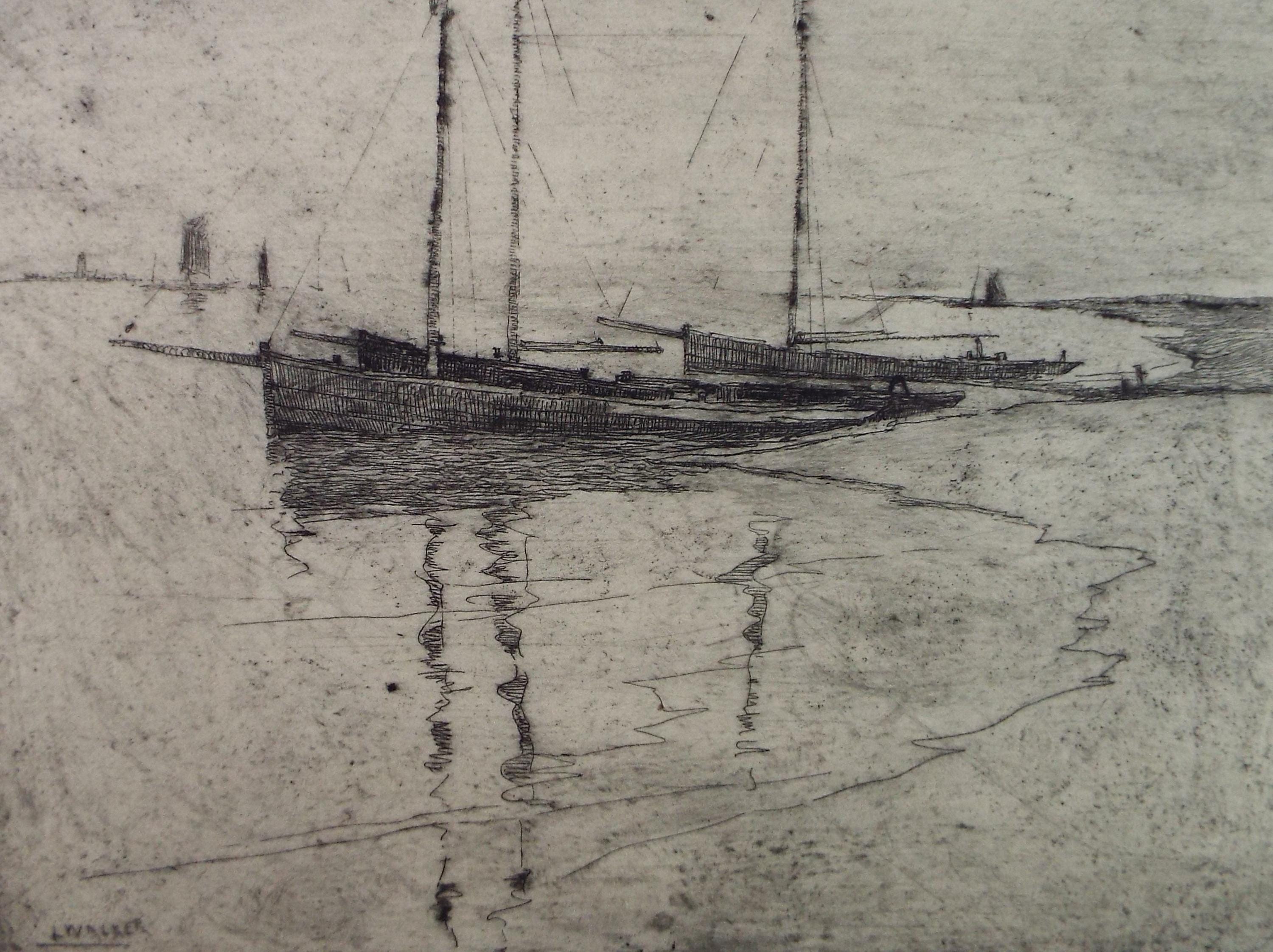 Hand Pressed Etching, 'Boats on the shore', Lawrence Walker (1877-1967), Circa 1920's