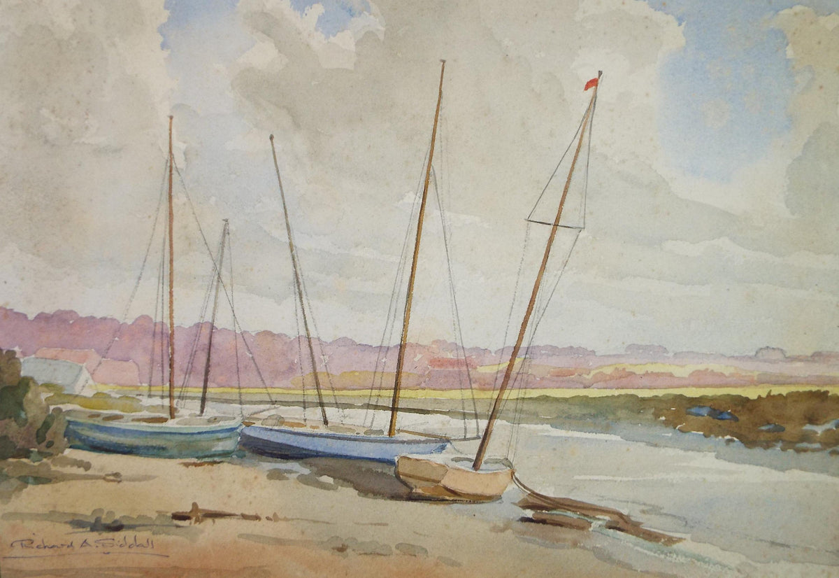 Original Watercolour, 'Sailing Dinghys on the creek', Circa 1950's , Richard A Siddal