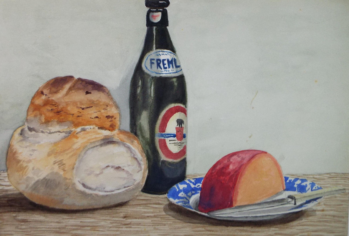 Original Watercolour, 'Still Life with Beer, Bread & Cheese' circa 1950's, Artist Unknown