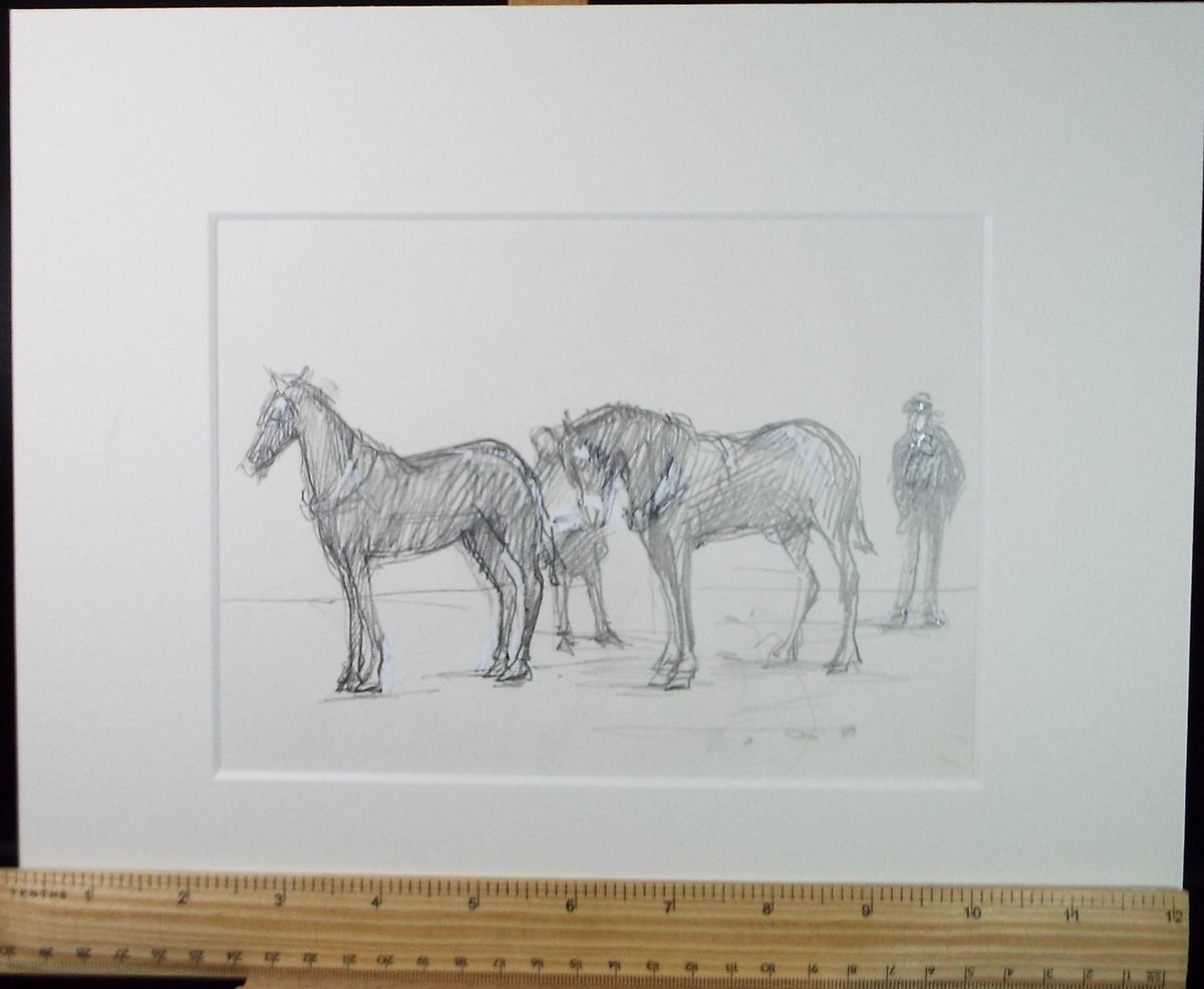 Original Pencil Drawing with white, 'Ponies and figures', Circa 1990's, John Gilby Bowles (1929-2011)