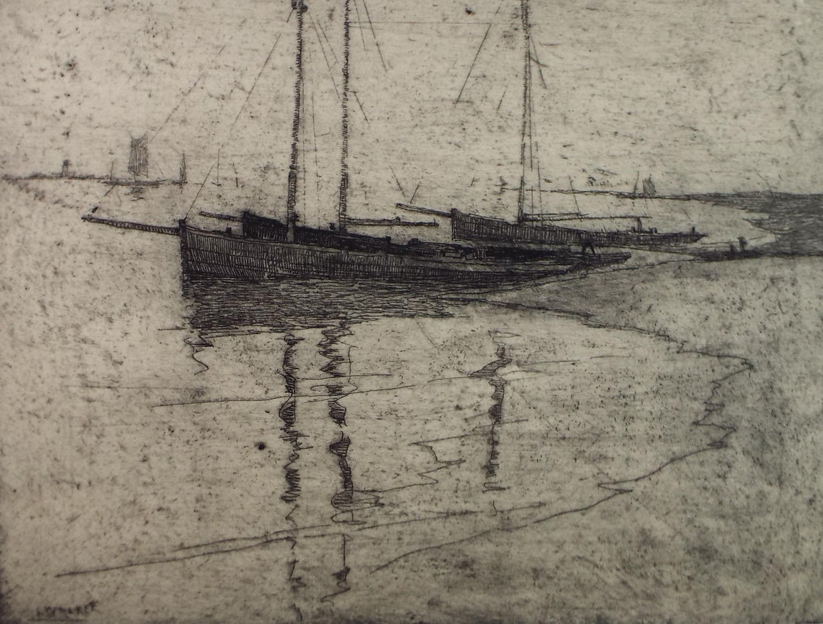 Hand Pressed Etching, 'Boats on the shore', Lawrence Walker (1877-1967), Circa 1920's