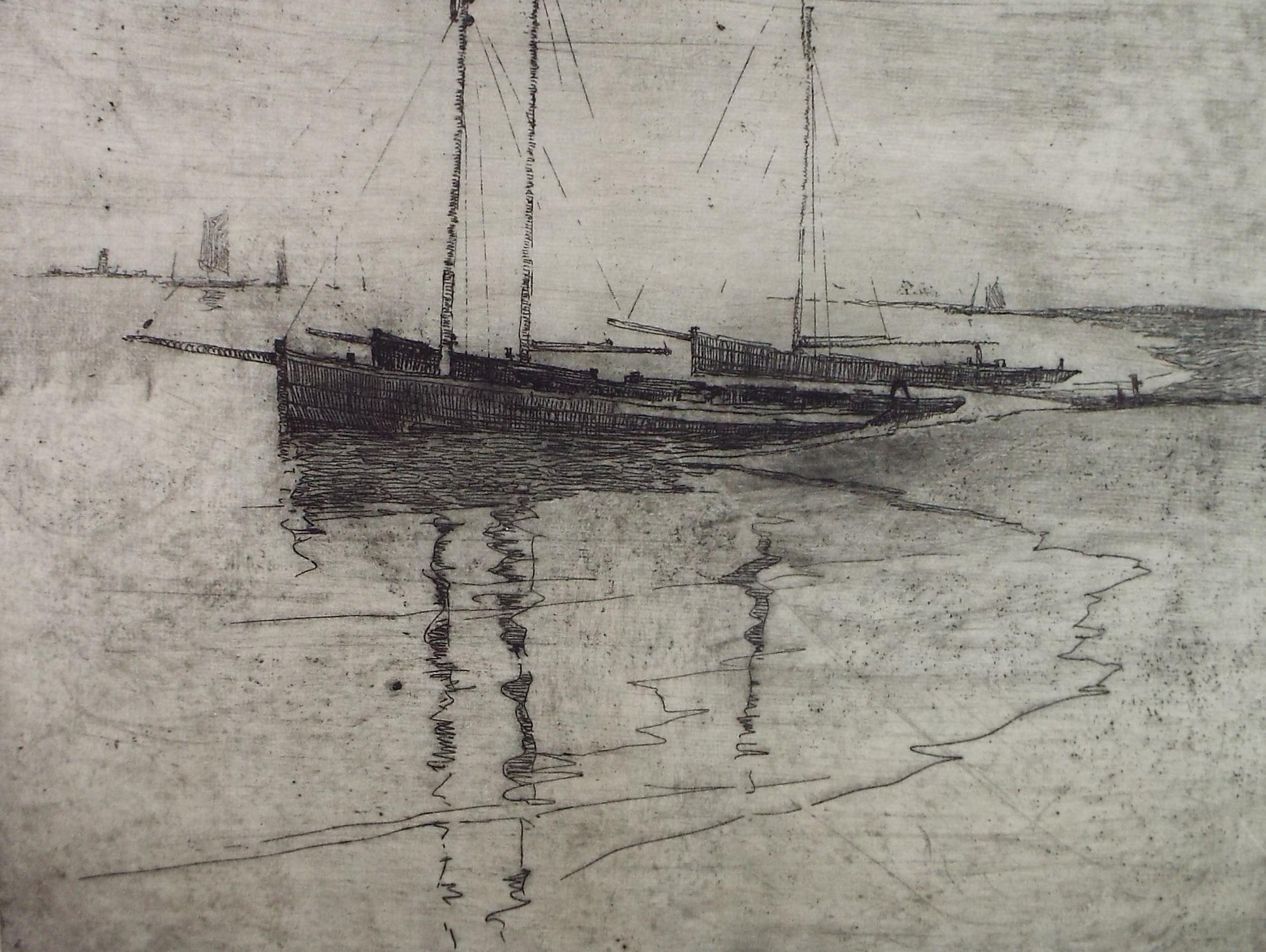 Hand Pressed Etching, 'Boats on the shore', Lawrence Walker (1877-1967), Circa 1920's