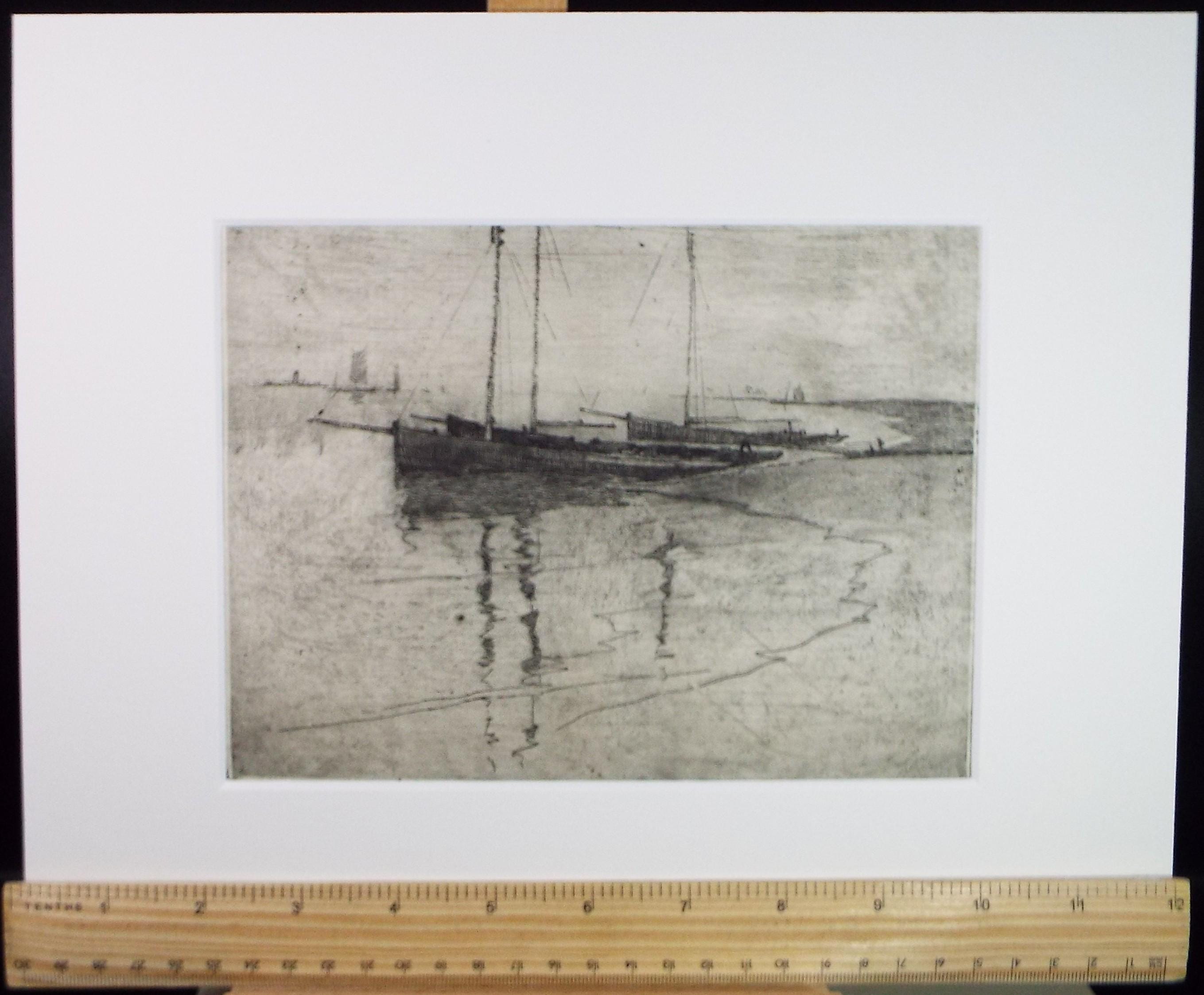 Hand Pressed Etching, 'Boats on the shore', Lawrence Walker (1877-1967), Circa 1920's