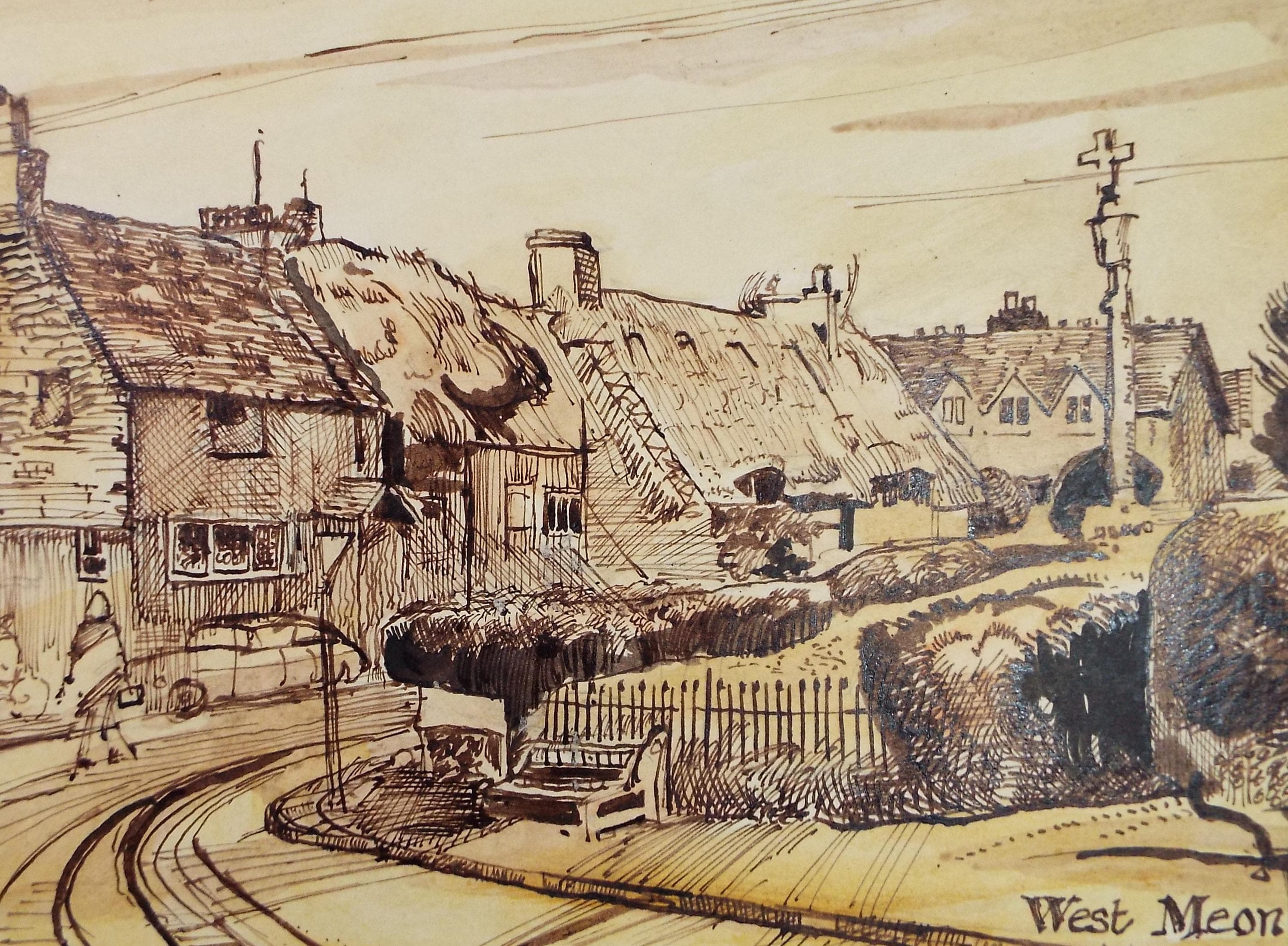 Original Pen & Ink Sketch,'West Meon', circa 1970's, C J Knight