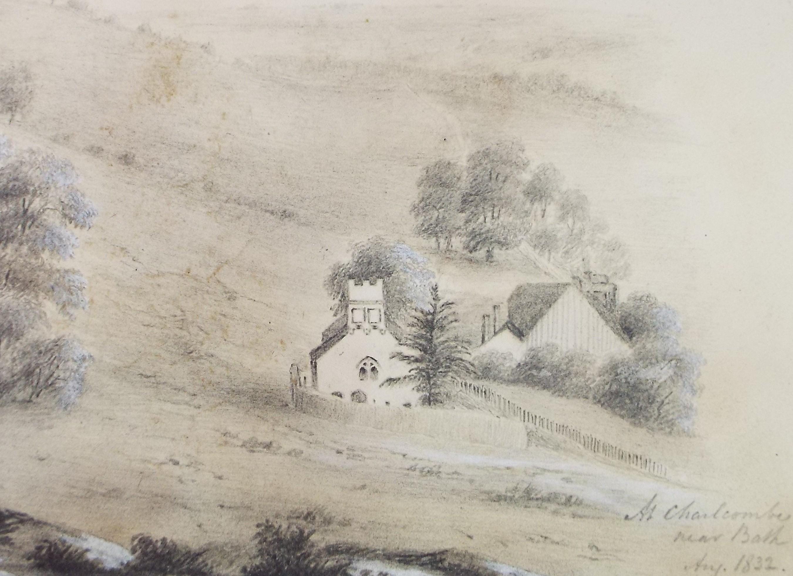 Original Pencil drawing, 'At Charlcombe, nr. Bath', artist unknown, dated 1832