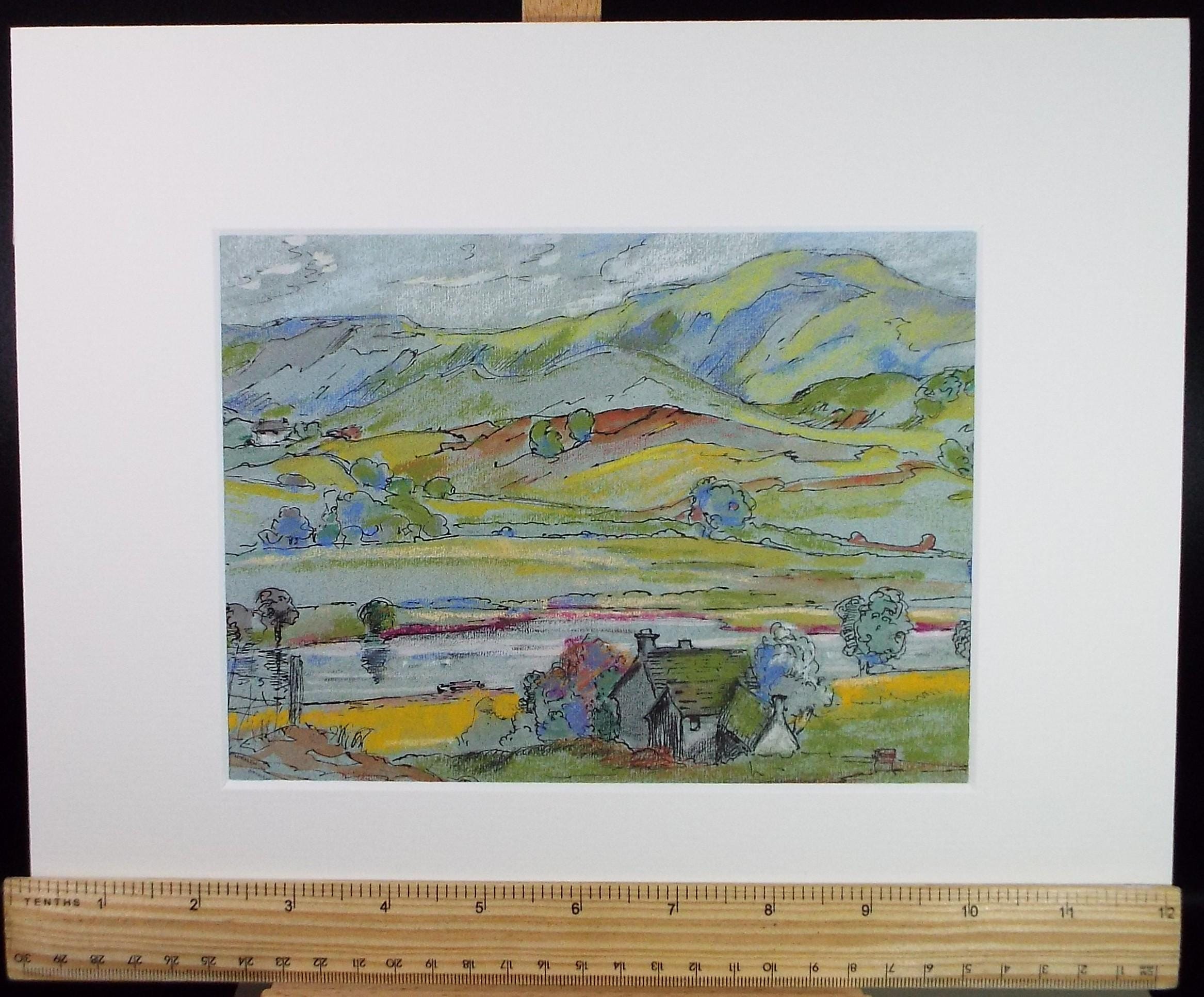 Original Watercolour & Pastel, 'Green Landscape with Farmhouse' Artist Unknown, Circa 1980's