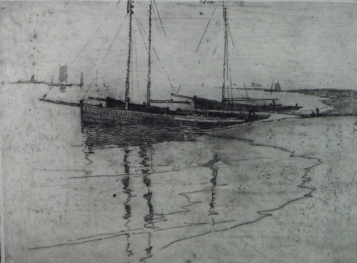 Hand Pressed Etching, 'Boats on the shore', Lawrence Walker (1877-1967), Circa 1920's