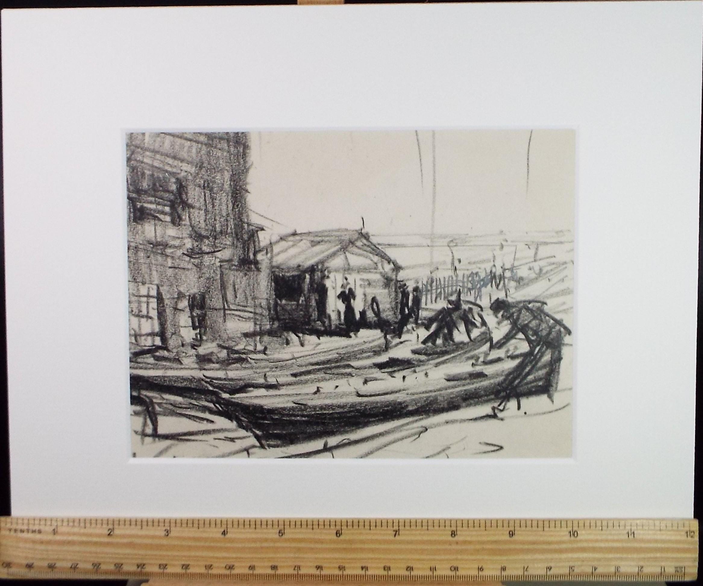 Original Pencil Drawing, 'Figures and boats on the hard ', circa 1920's ,Lawrence Walker (1877-1967)