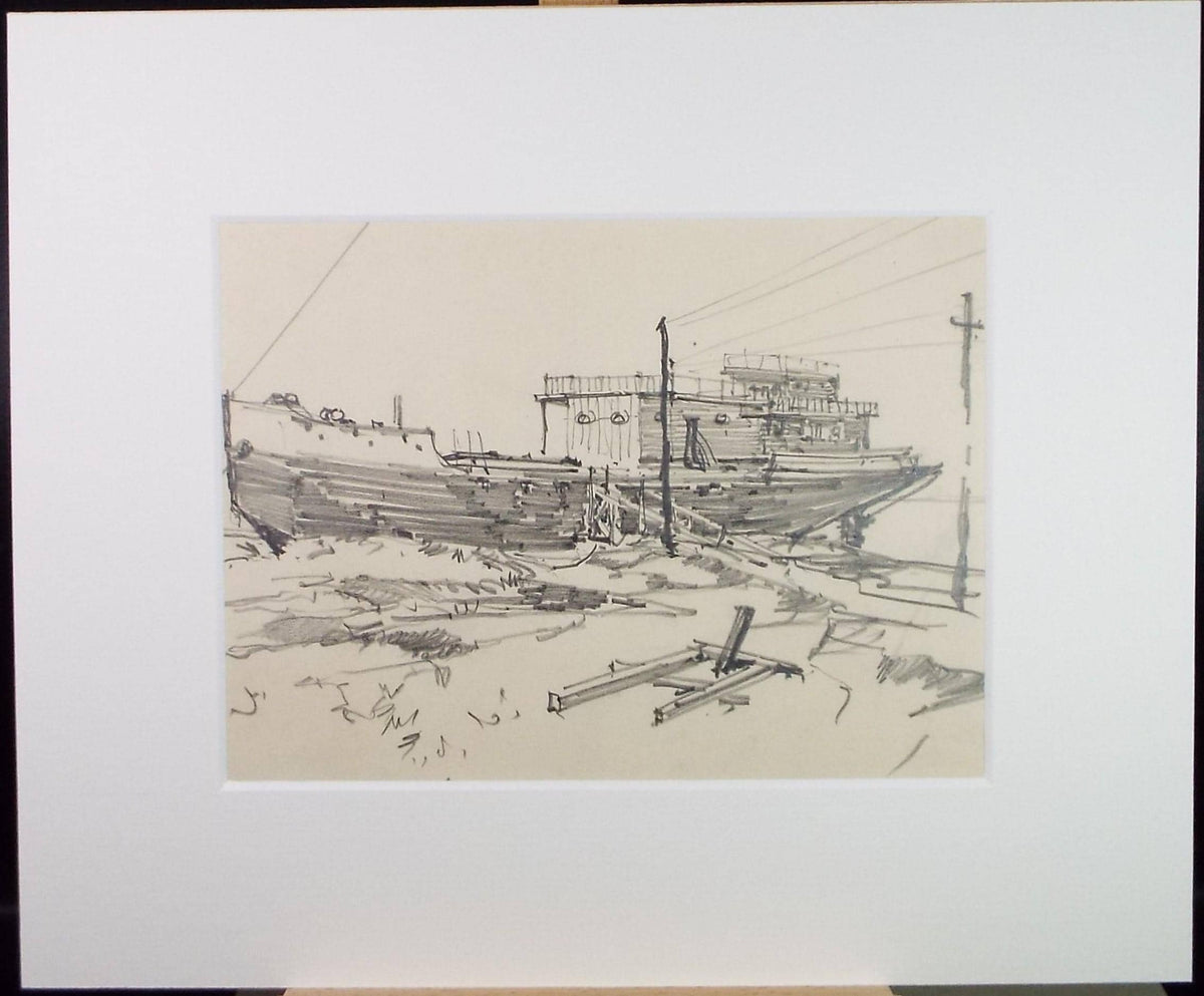 Original Pencil Drawing, 'Ship at the Quay', circa 1920's ,Lawrence Walker (1877-1967