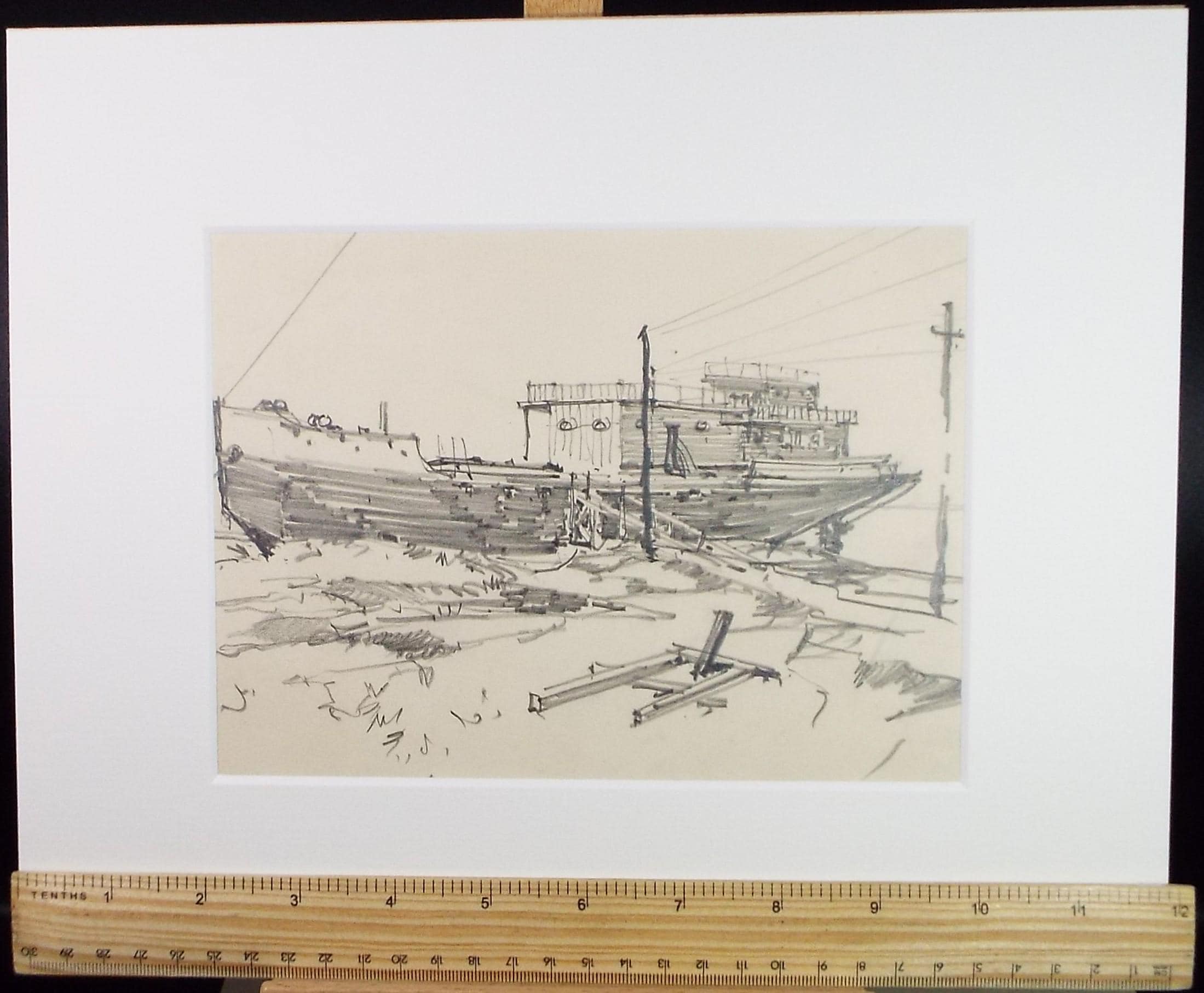 Original Pencil Drawing, 'Ship at the Quay', circa 1920's ,Lawrence Walker (1877-1967