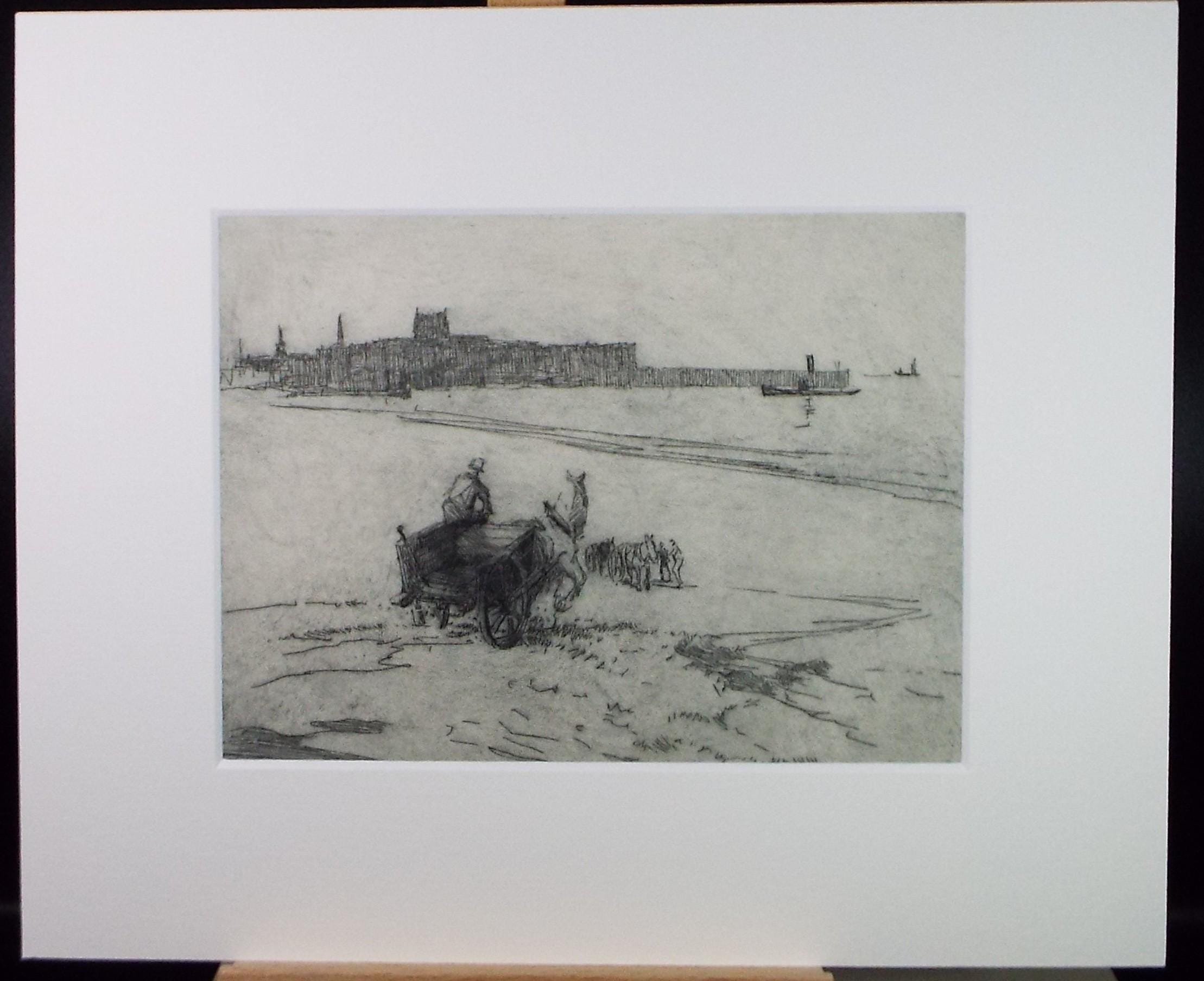 Hand Pressed Etching, 'Horse, cart and figures on the shore', Lawrence Walker (1877-1967), Circa 1920's