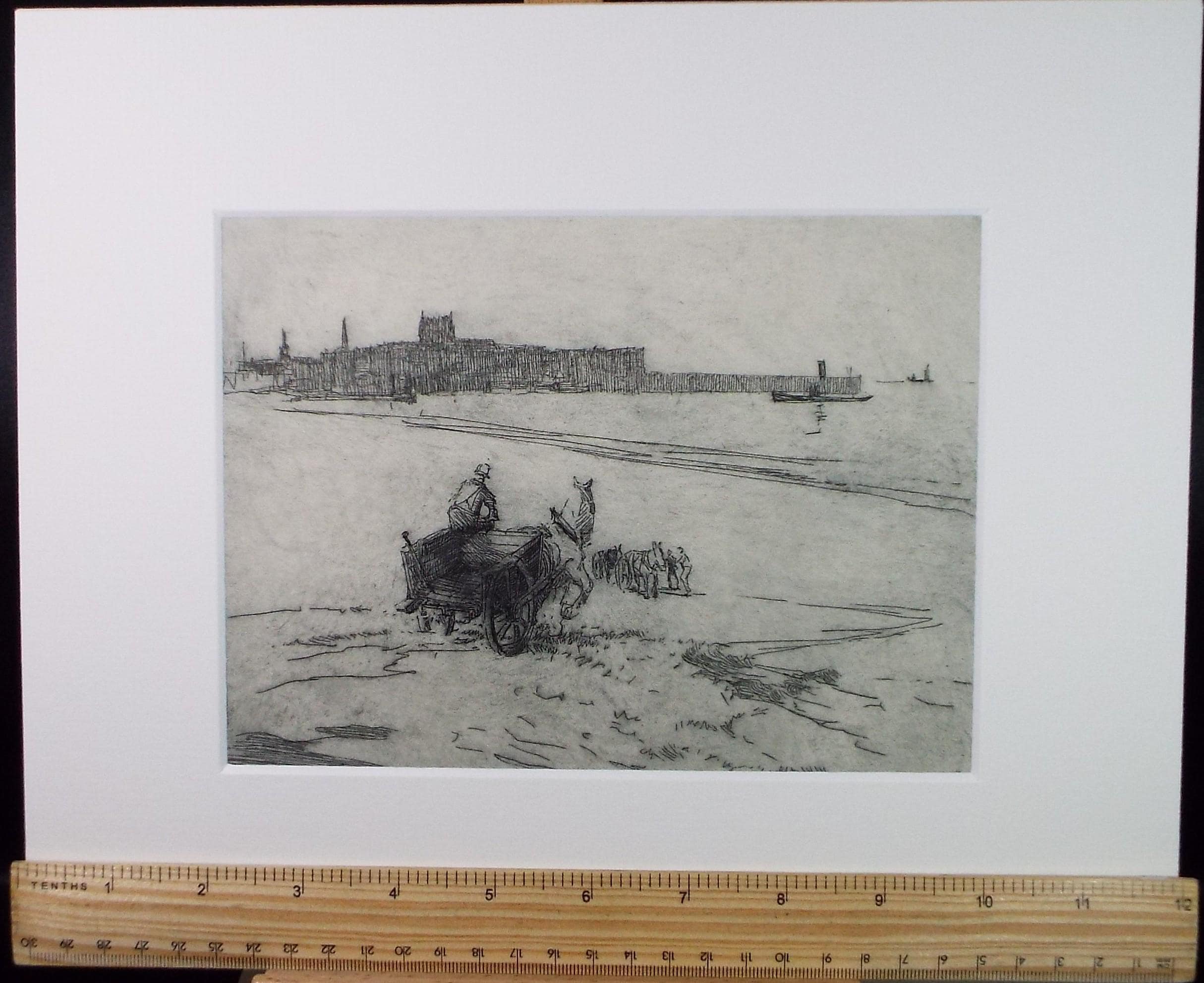Hand Pressed Etching, 'Horse, cart and figures on the shore', Lawrence Walker (1877-1967), Circa 1920's