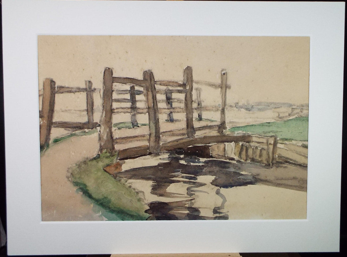 Original Watercolour, 'Bridge over the river', circa 1920, Lawrence Walker (1877-1967)