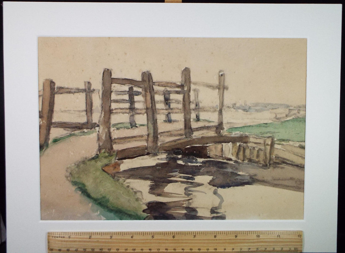 Original Watercolour, 'Bridge over the river', circa 1920, Lawrence Walker (1877-1967)