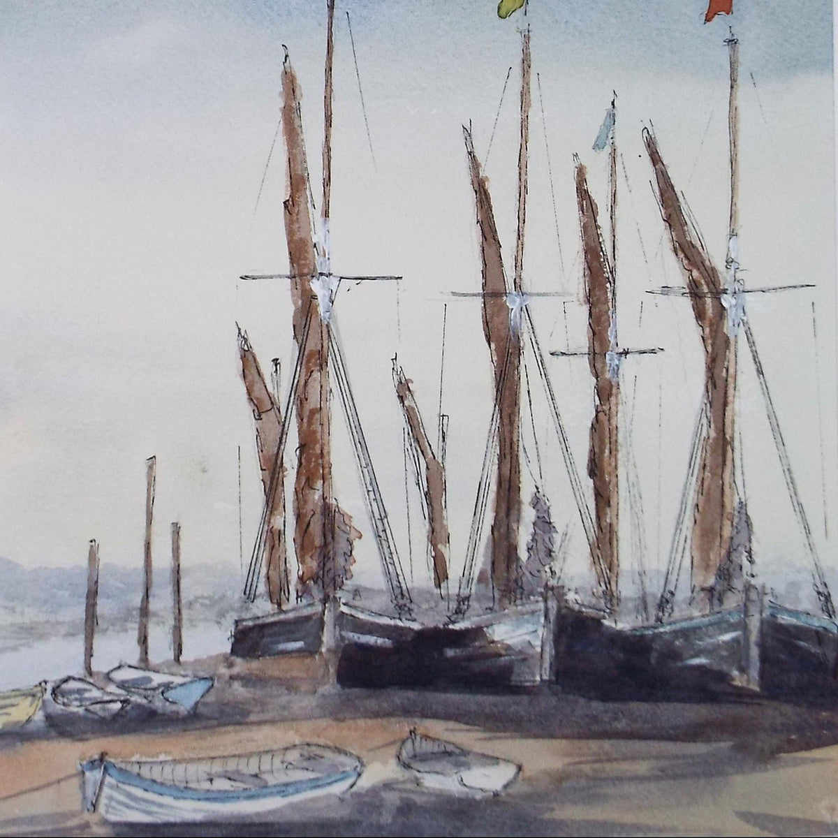 Original Watercolour, 'Boats on the Shore', Unknown artist' Circa 1990's