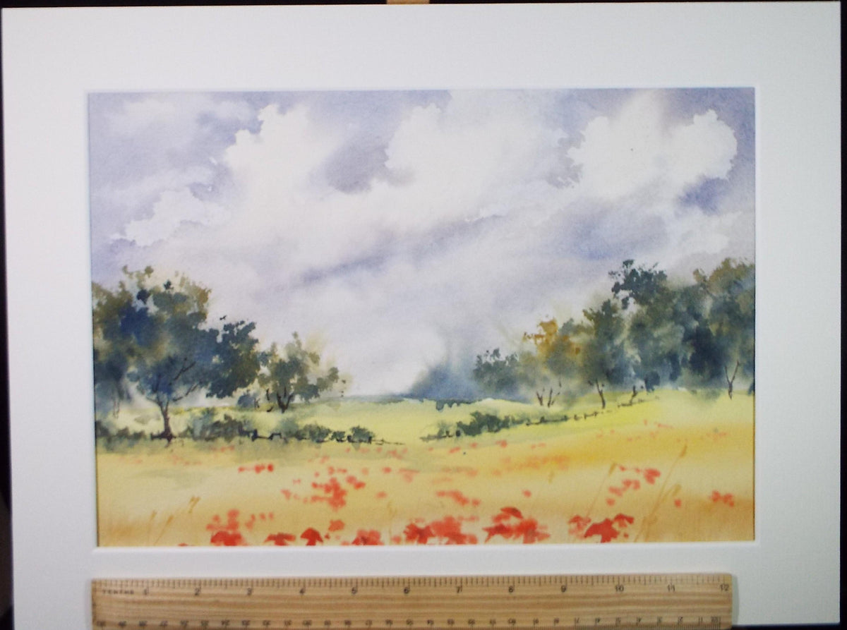 Watercolour and Gouache, 'Cornfield with poppies', John Gilbey Bowes (1929-2011), Circa 1990's