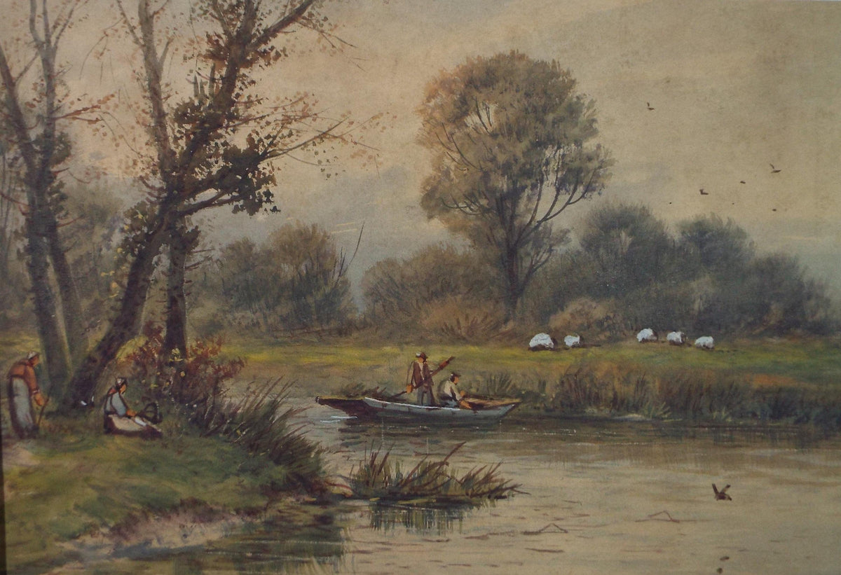 Watercolour Painting: 'Punting on the River', Late 19th Century, Unknown artist