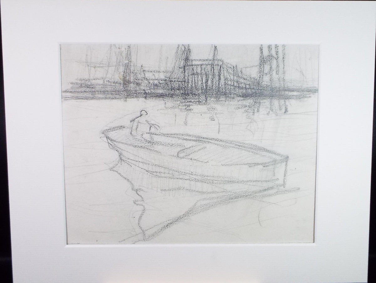 Original Pencil Drawing, 'Figure in a boat', circa 1920's ,Lawrence Walker (1877-1967