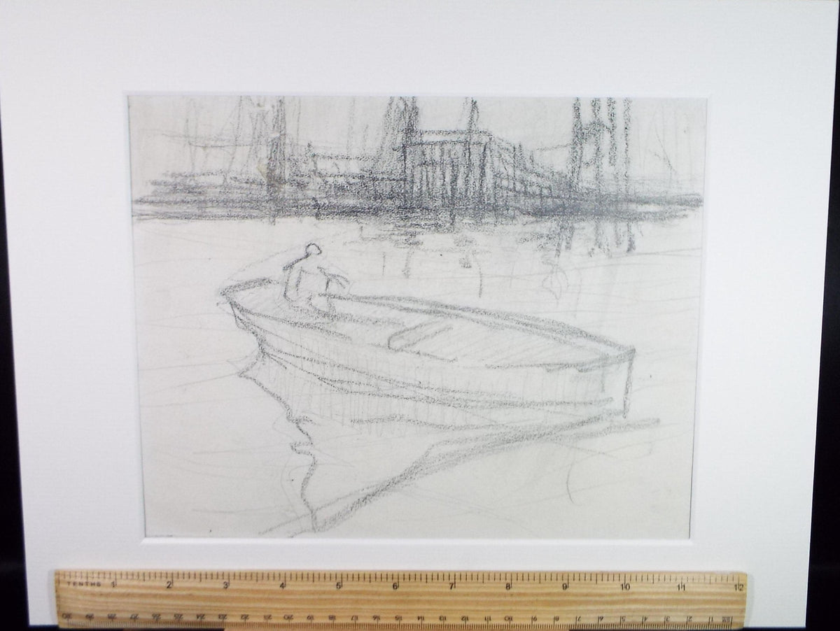 Original Pencil Drawing, 'Figure in a boat', circa 1920's ,Lawrence Walker (1877-1967