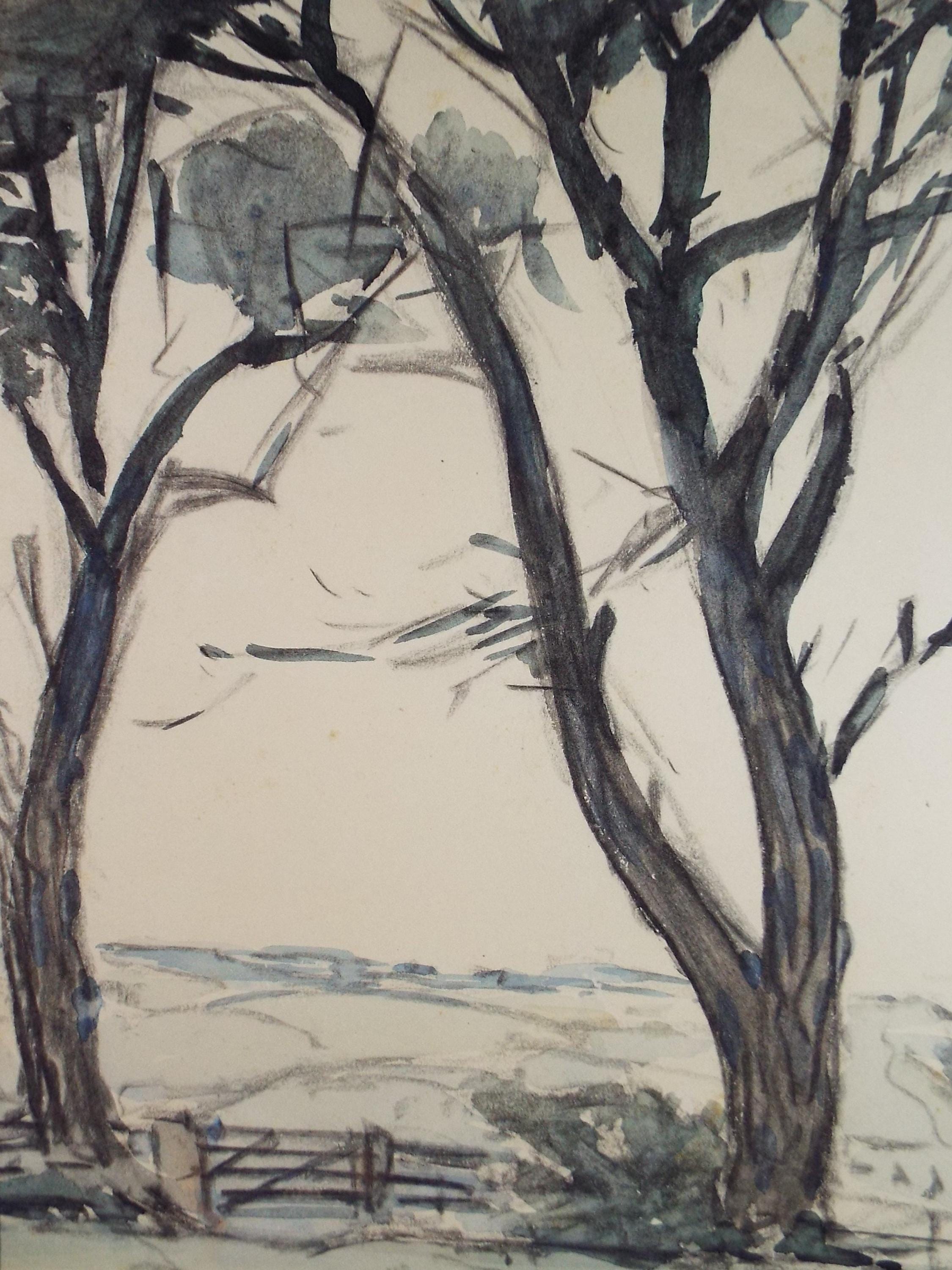 Original Watercolour & Pencil, 'Trees on a field margin' Circa 1920's, Lawrence Walker (1877-1967)