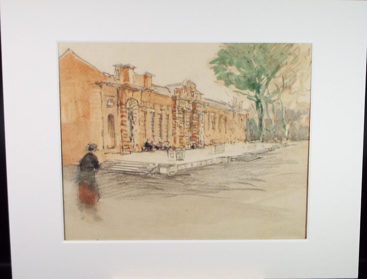 Original Watercolour & Pencil, 'Figure before a grand building', Circa 1920's, Lawrence Walker (1877-1967)
