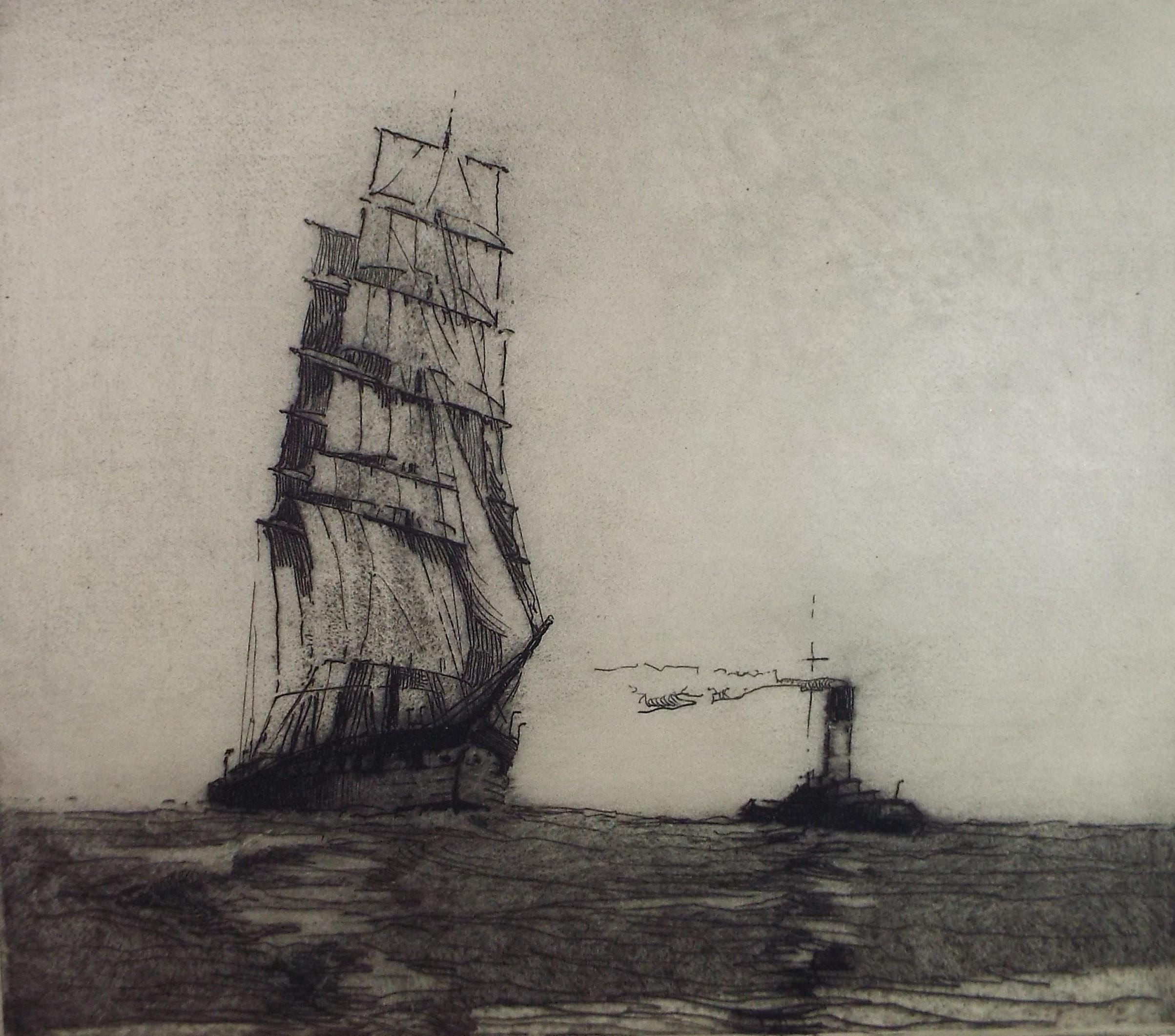 Hand Pressed Etching, 'Tall Ship with tug boat', Lawrence Walker (1877-1967), Circa 1920's, signed