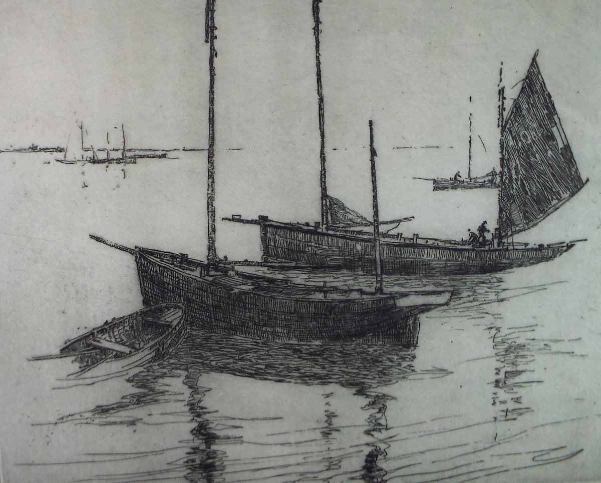 Hand Pressed Etching, 'Moored Boats with figures', Lawrence Walker (1877-1967), Circa 1920's