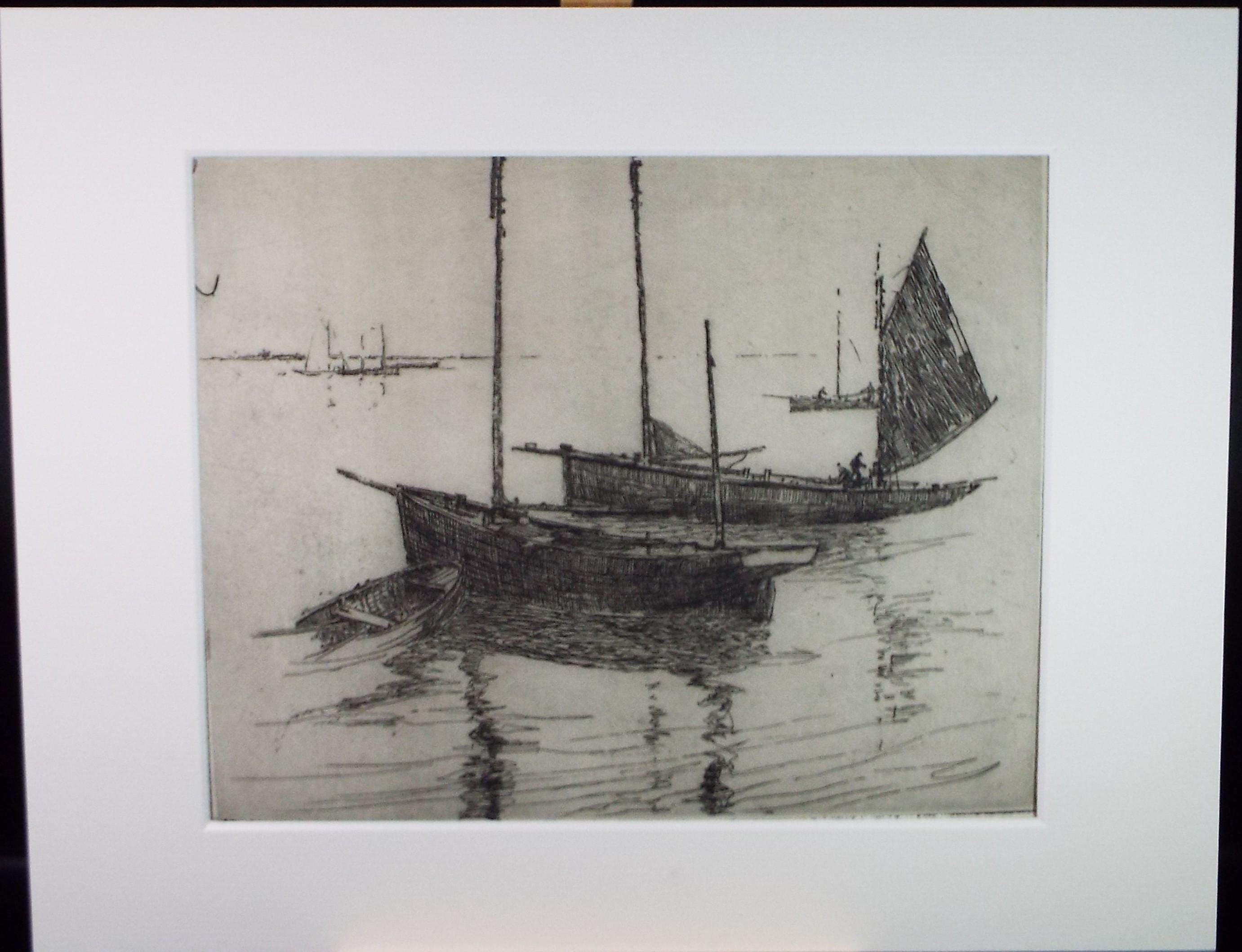 Hand Pressed Etching, 'Moored Boats with figures', Lawrence Walker (1877-1967), Circa 1920's