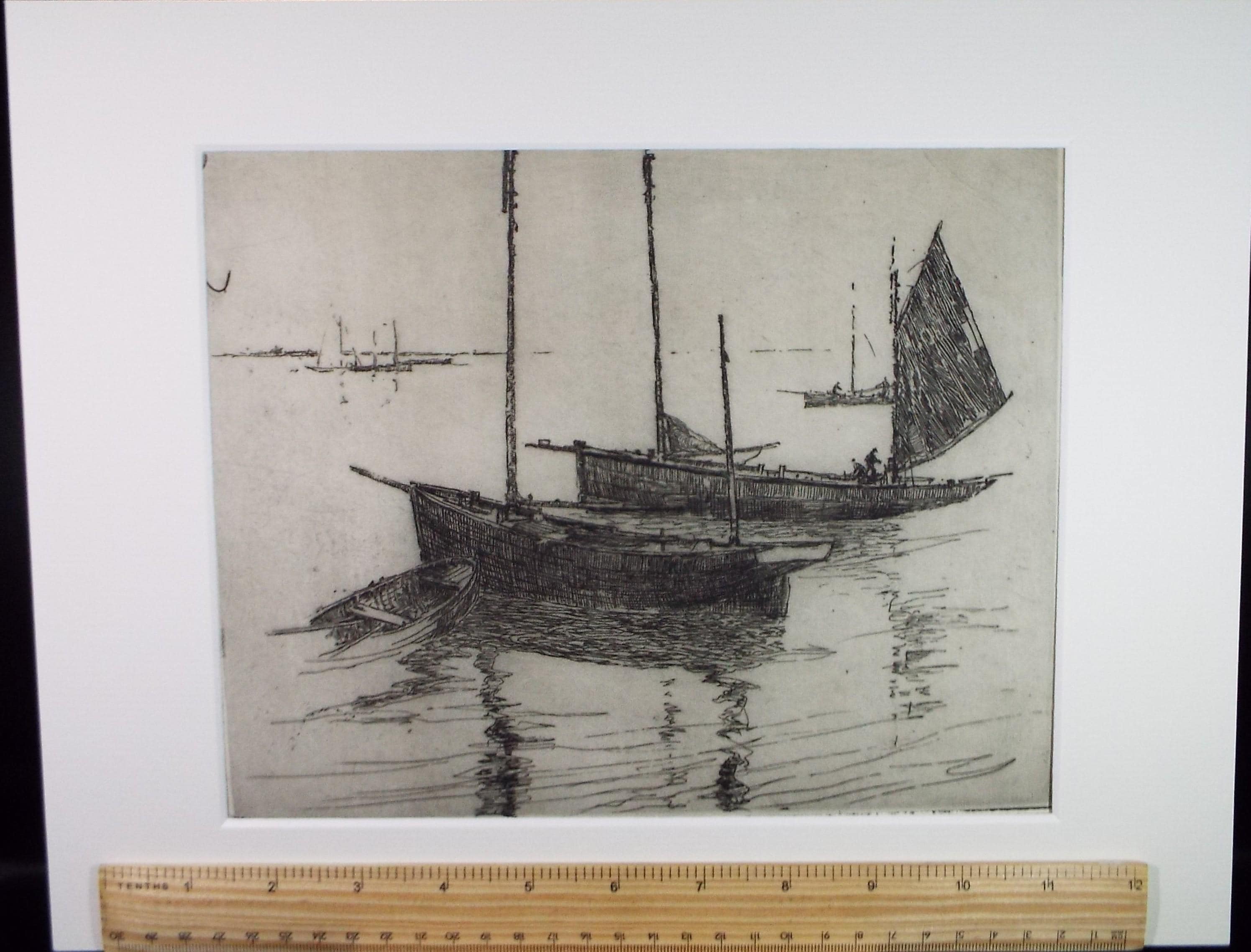 Hand Pressed Etching, 'Moored Boats with figures', Lawrence Walker (1877-1967), Circa 1920's